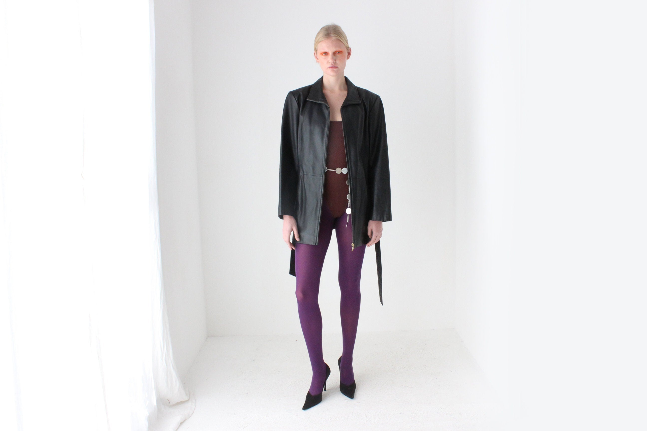 90s Leather Black Classic Minimal Zip Front Jacket w/ Waist Tie