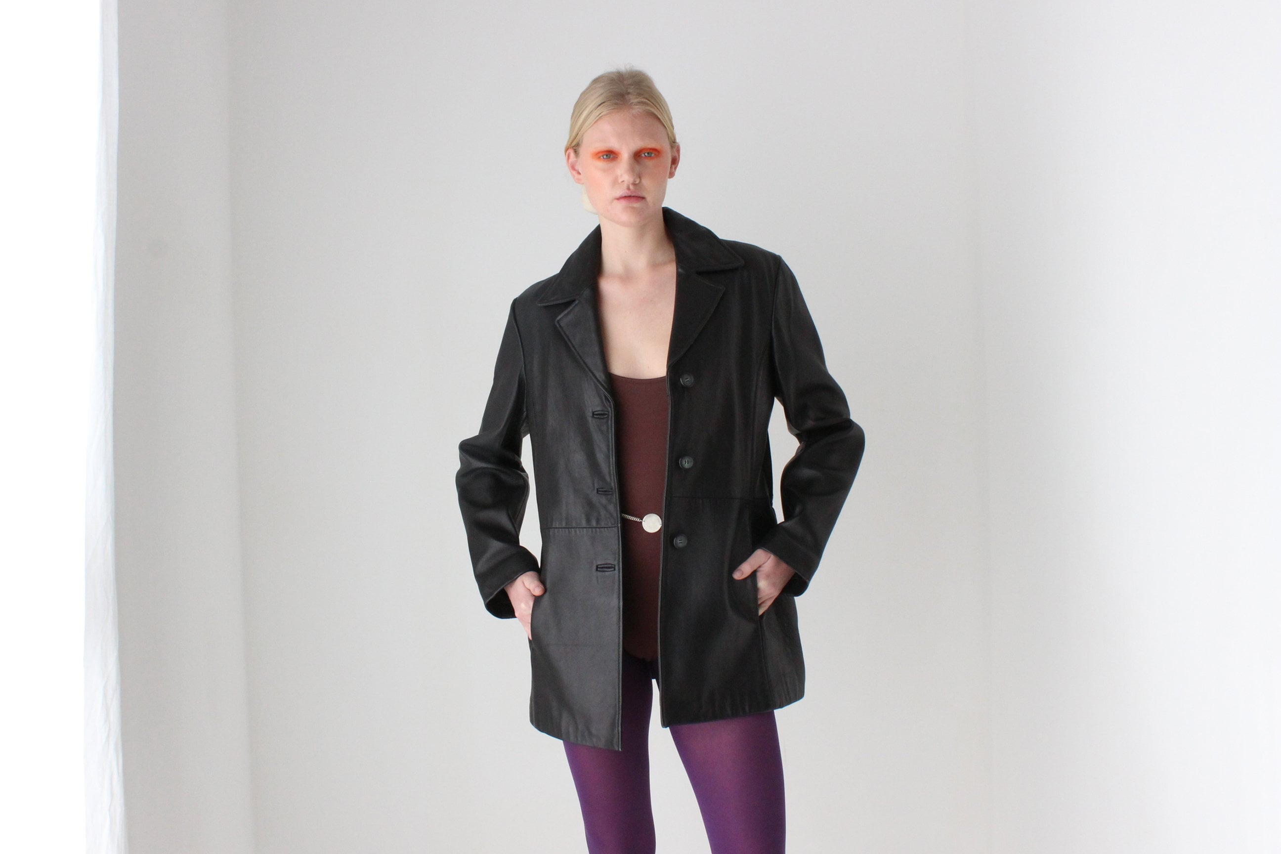 90s Jacqueline Farrer Lambskin Leather Classic Button Up Coat