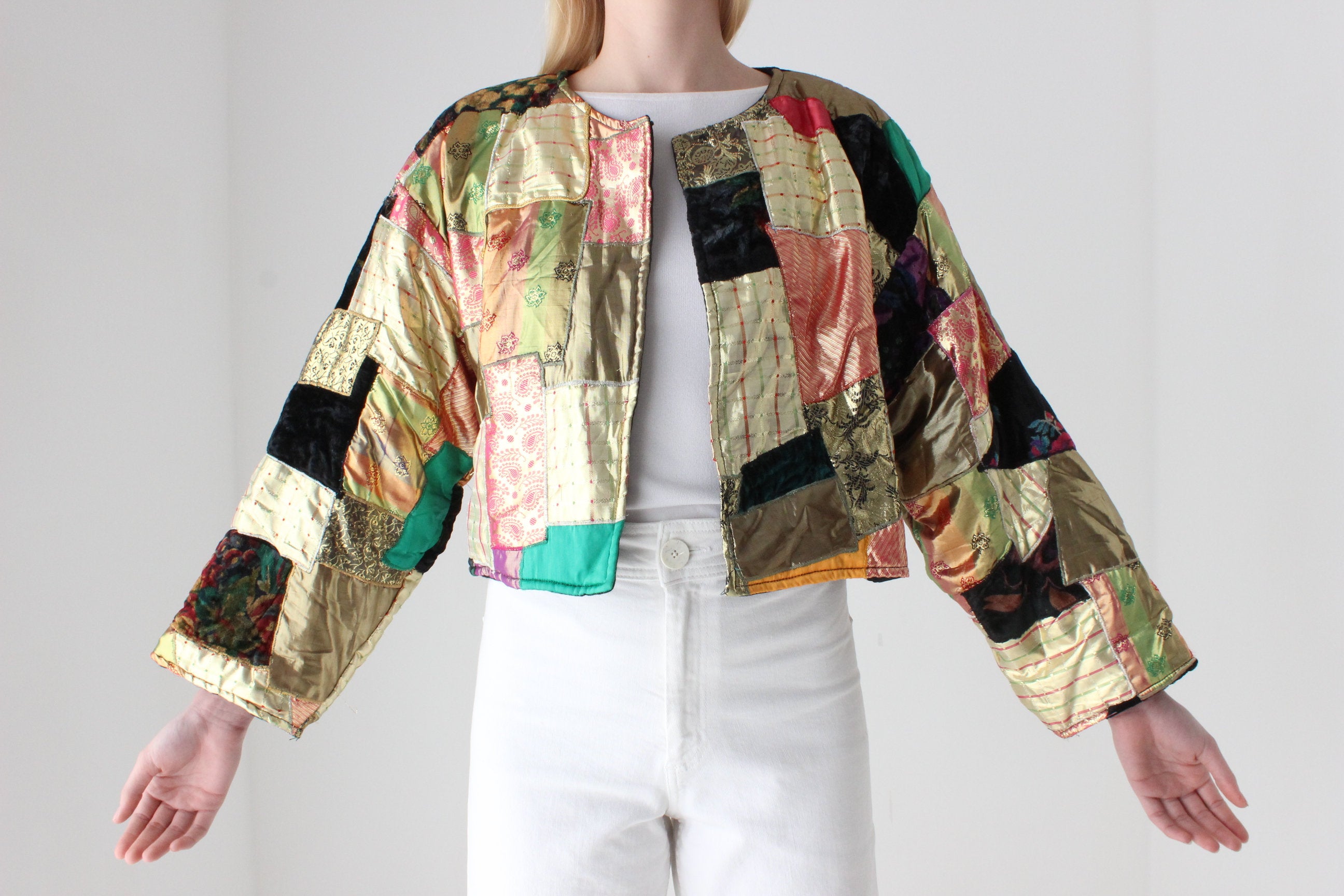 80s Metallic Patchwork Rayon Quilted Cropped Kimono Jacket