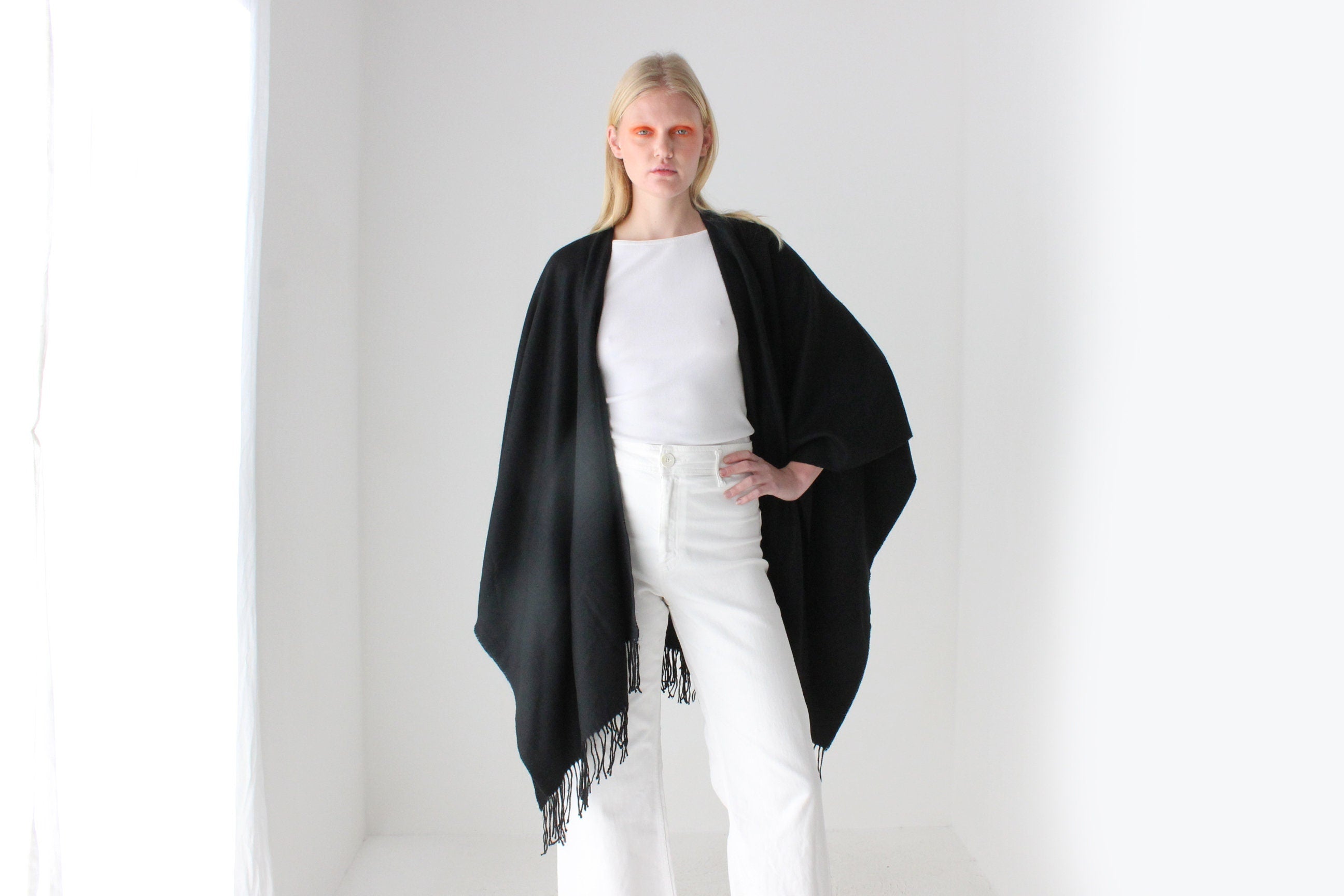 2000s Deadstock Ink Black Wool Blend Free Size Shawl Wrap