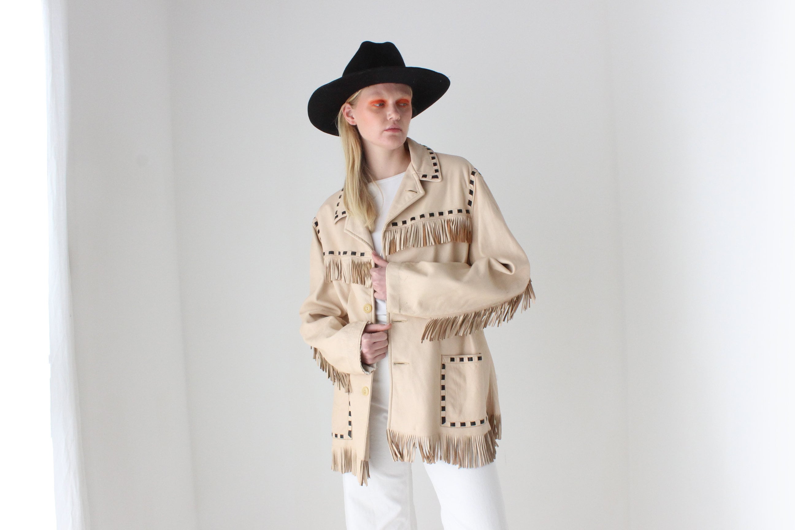70s Camp Cowboy Leather Fringe Boxy Western Jacket
