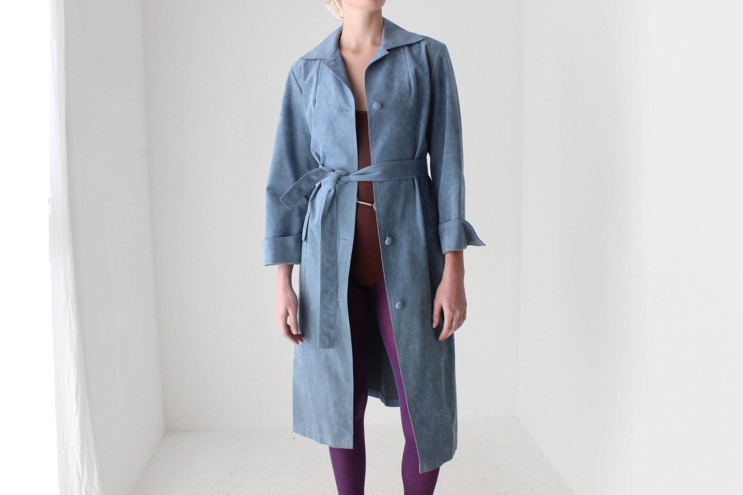 70s Sky Blue Suede Look Belted Trench Coat