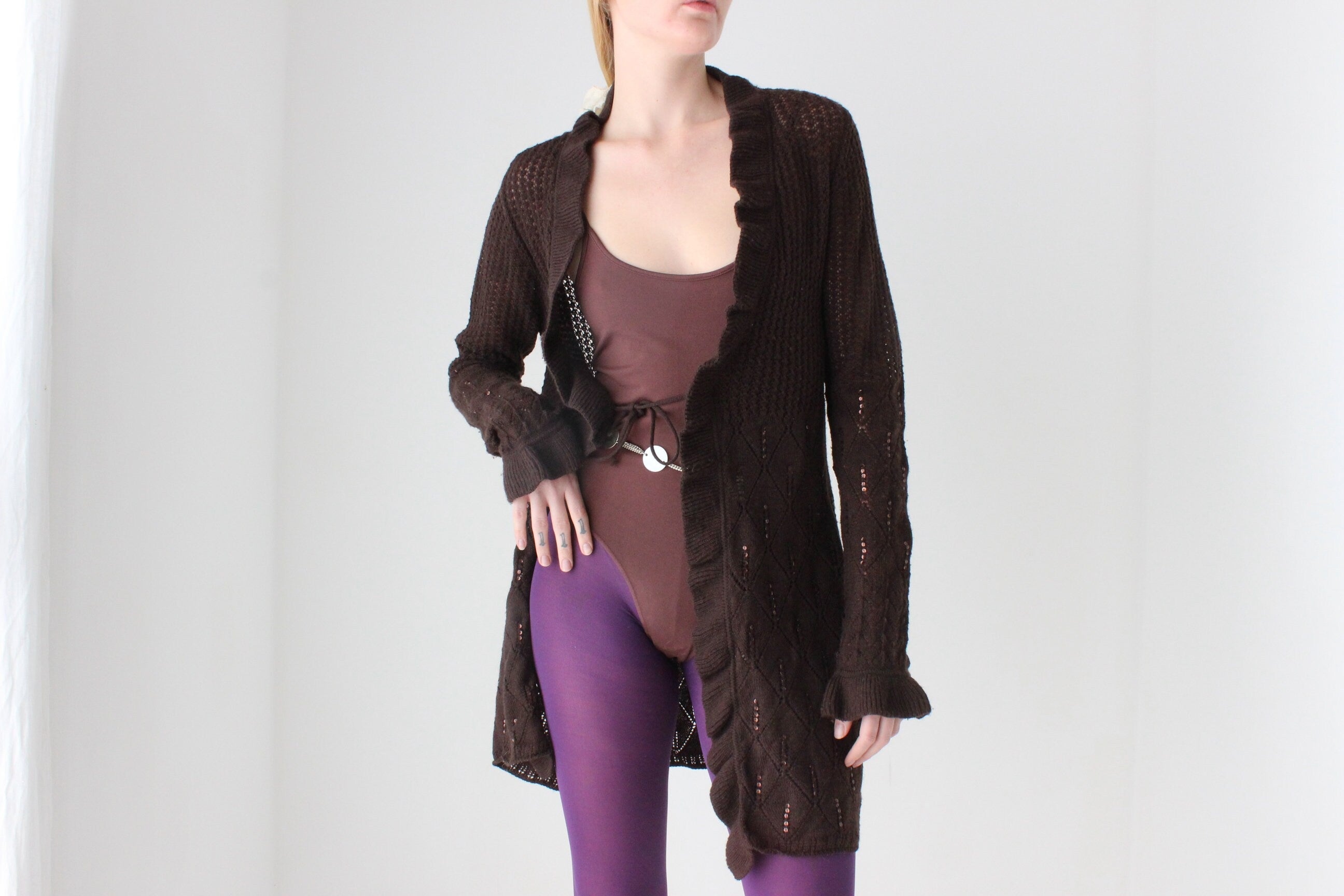 Y2K Pure Wool Ruffle Crochet Knit Fitted Long Cardigan