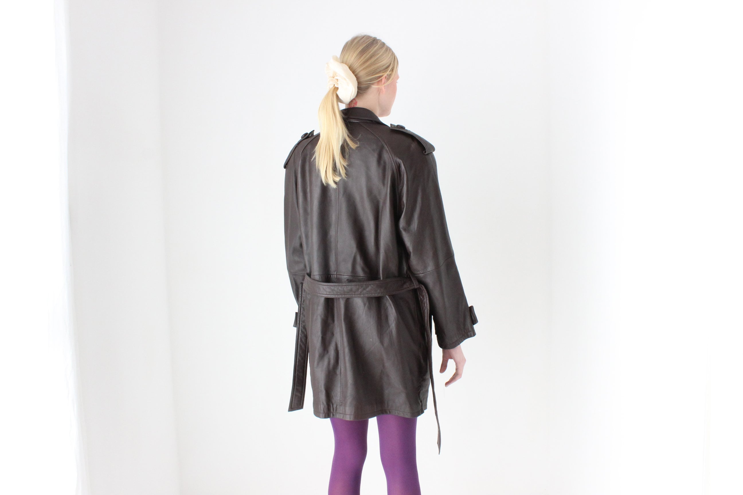80s Softest Lambskin Chocolate Leather Belted Oversized Trench Coat