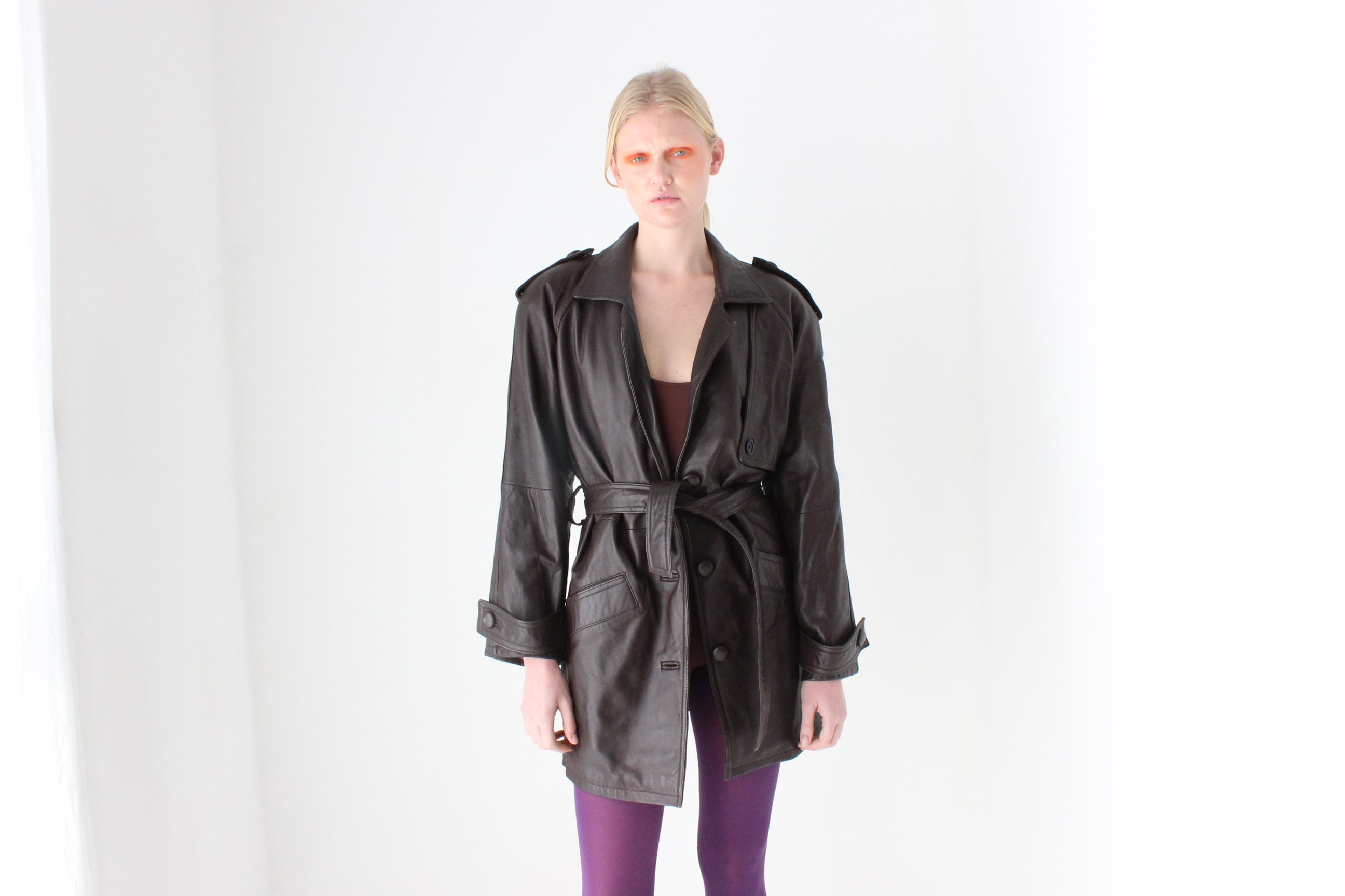 80s Softest Lambskin Chocolate Leather Belted Oversized Trench Coat