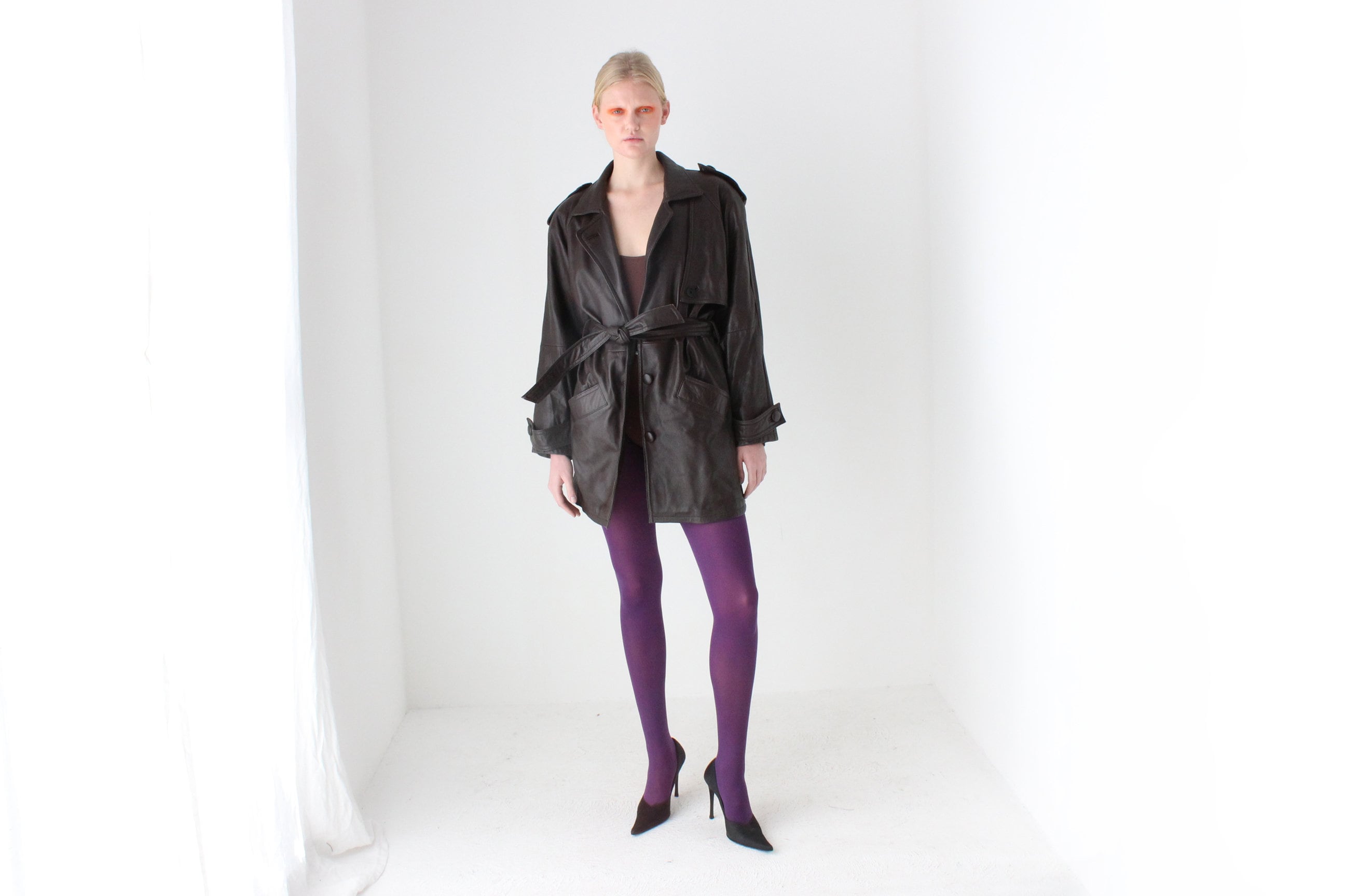 80s Softest Lambskin Chocolate Leather Belted Oversized Trench Coat