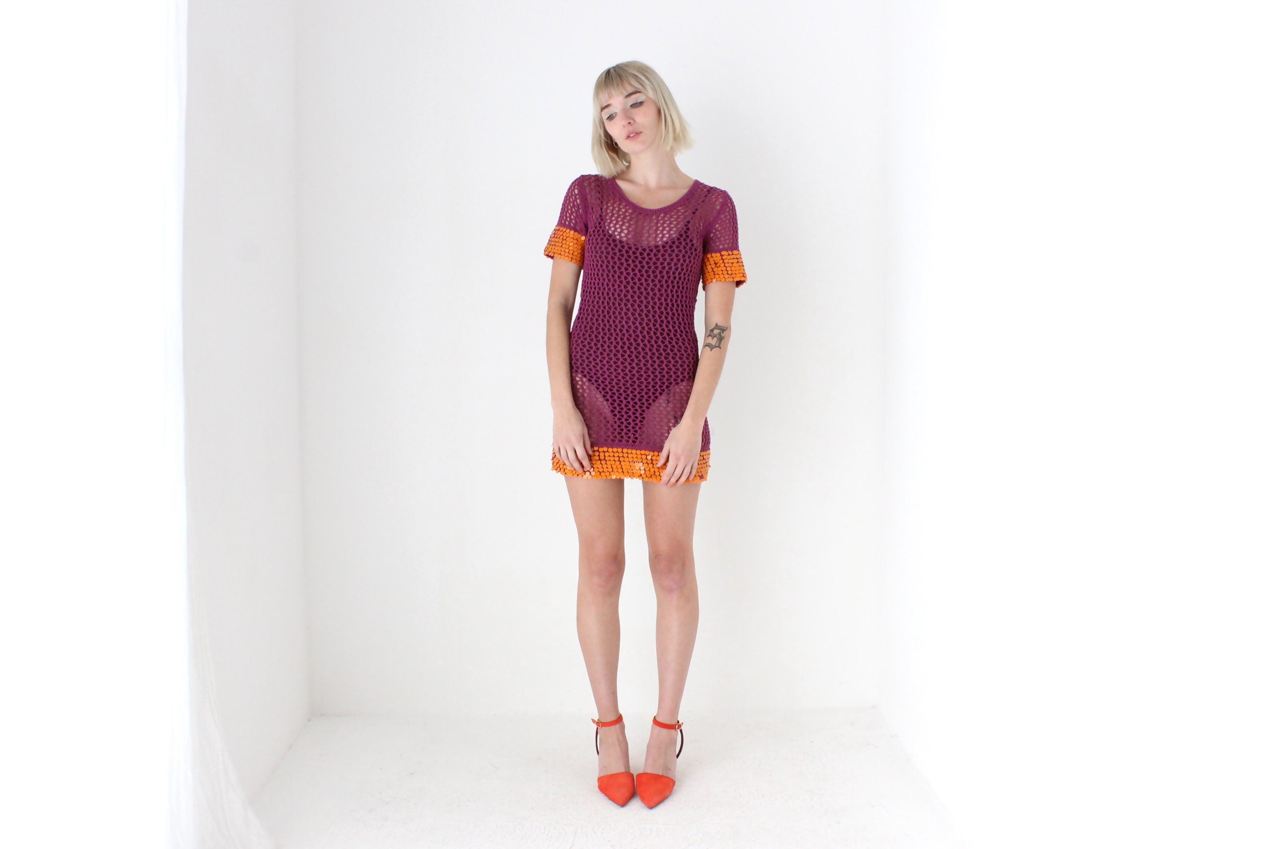 Y2K Sass & Bide Crochet Knit Mini Dress w/ Sequin Trim