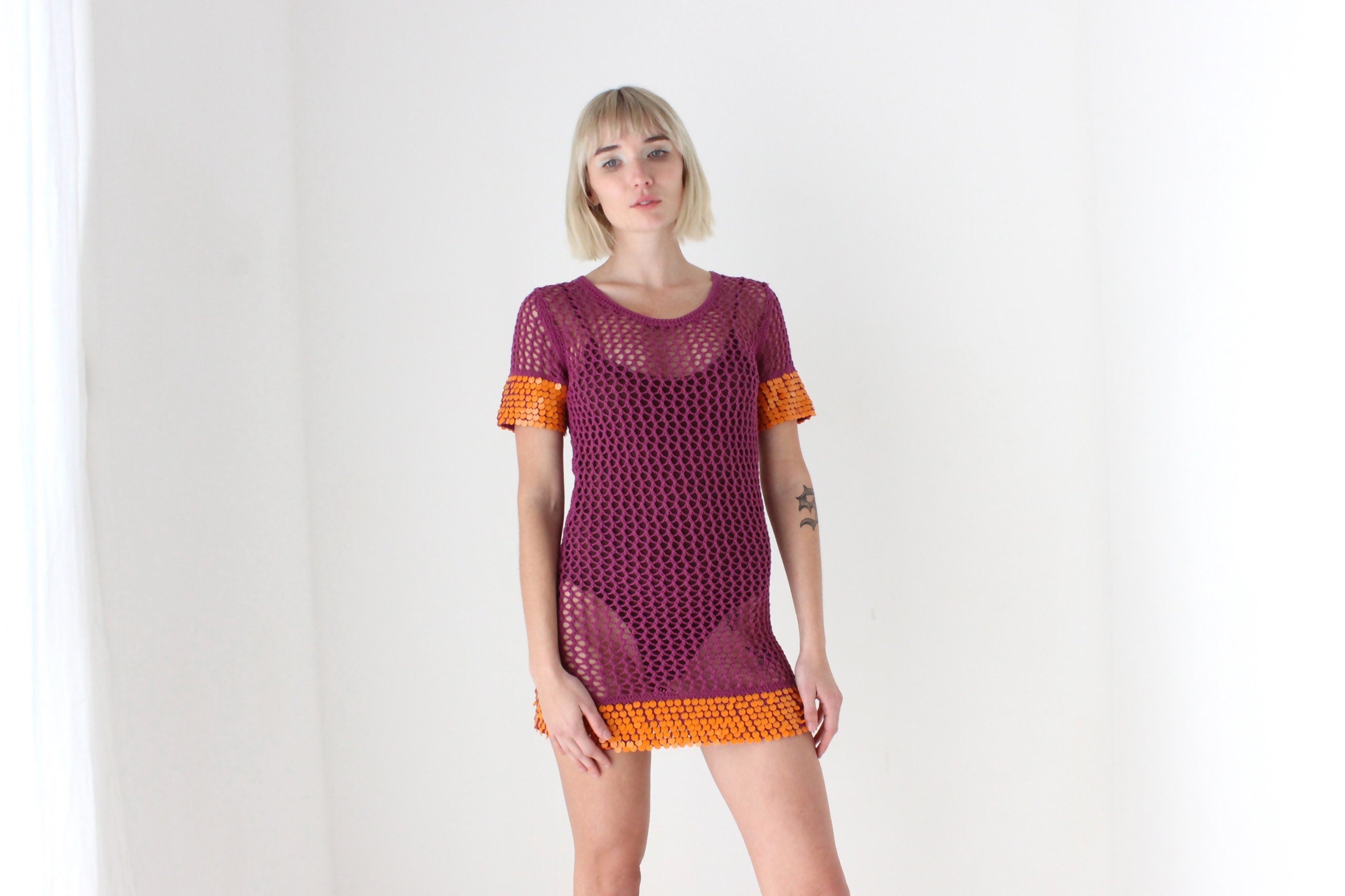Y2K Sass & Bide Crochet Knit Mini Dress w/ Sequin Trim