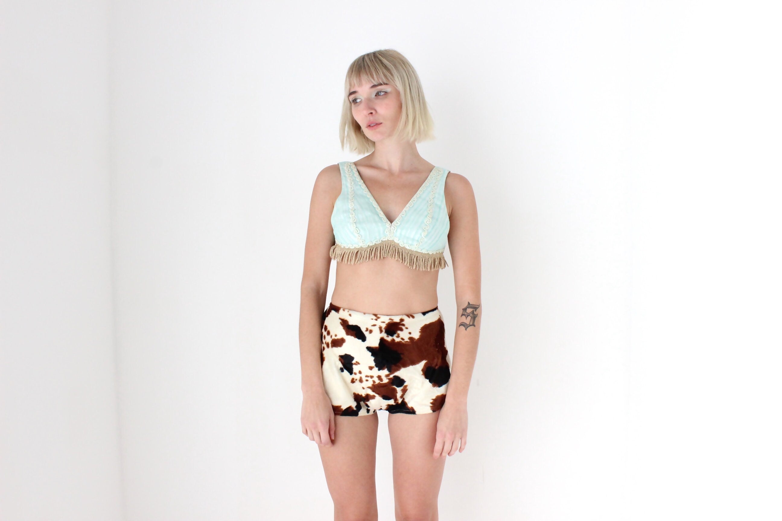 Vintage 50s Burlesque Pastel Sequin Fringe Bralet Crop Top