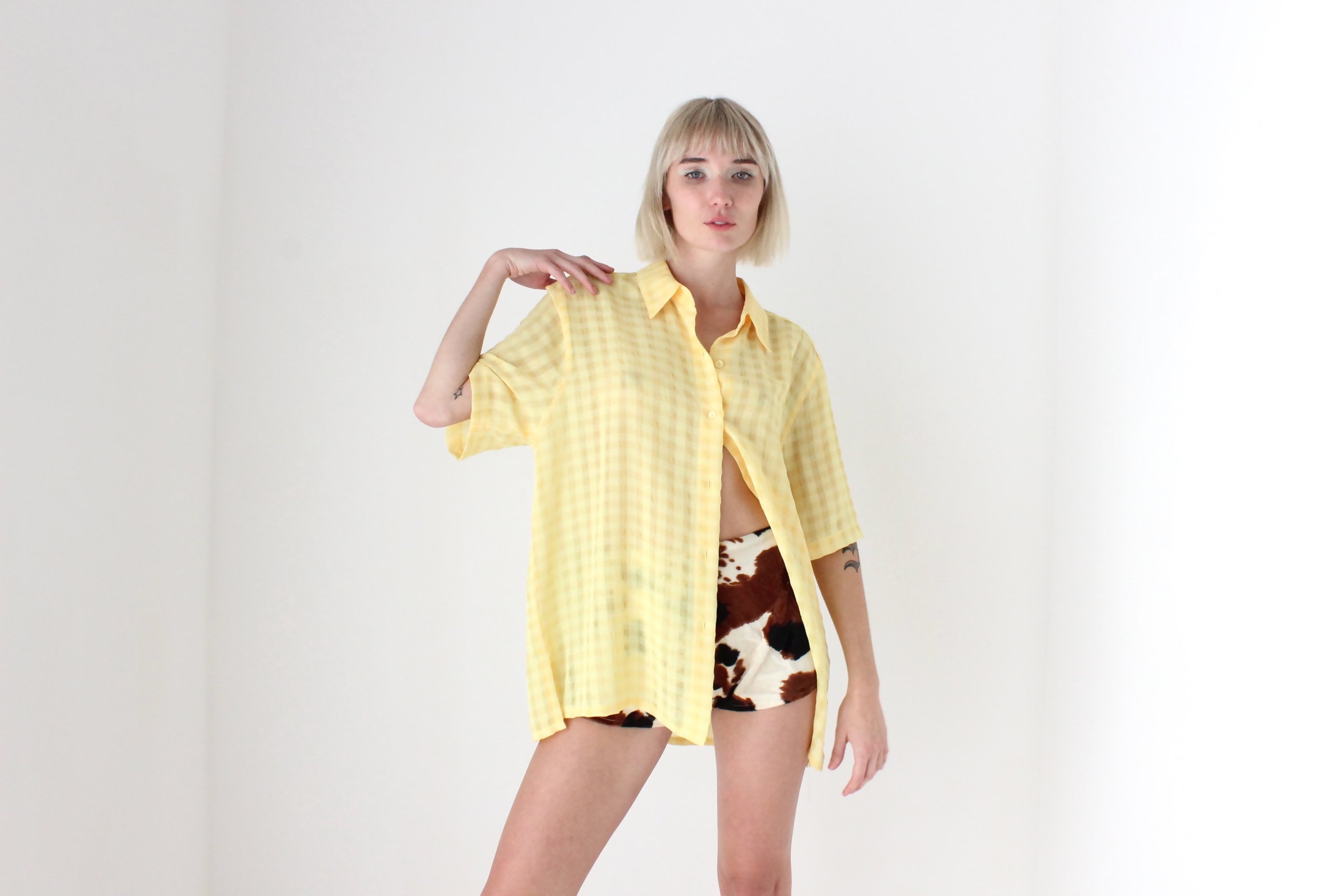 80s Semi Sheer Lemon Gingham Boxy Shirt