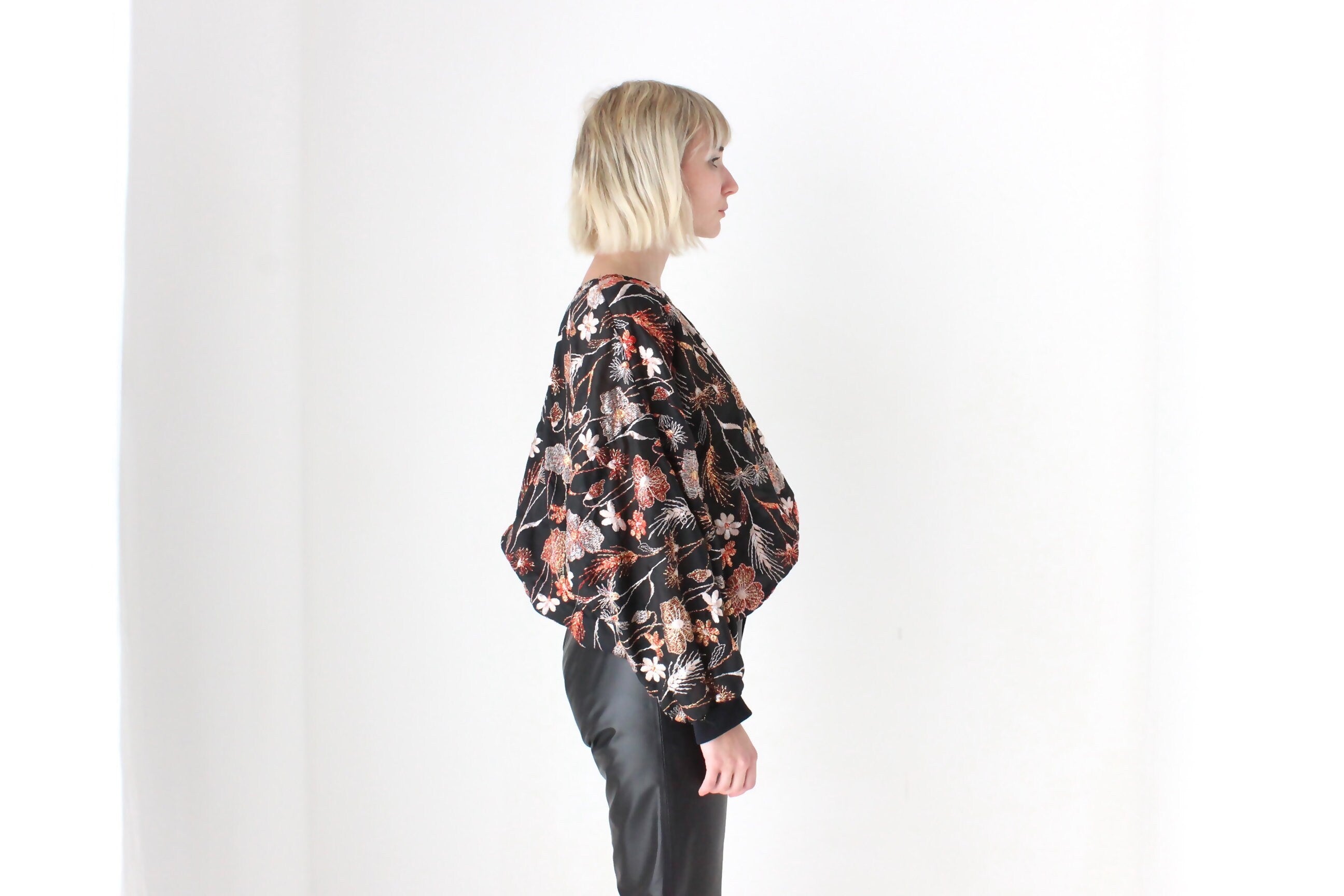 80s Embroidered Metallic Floral Organza "Sweatshirt"
