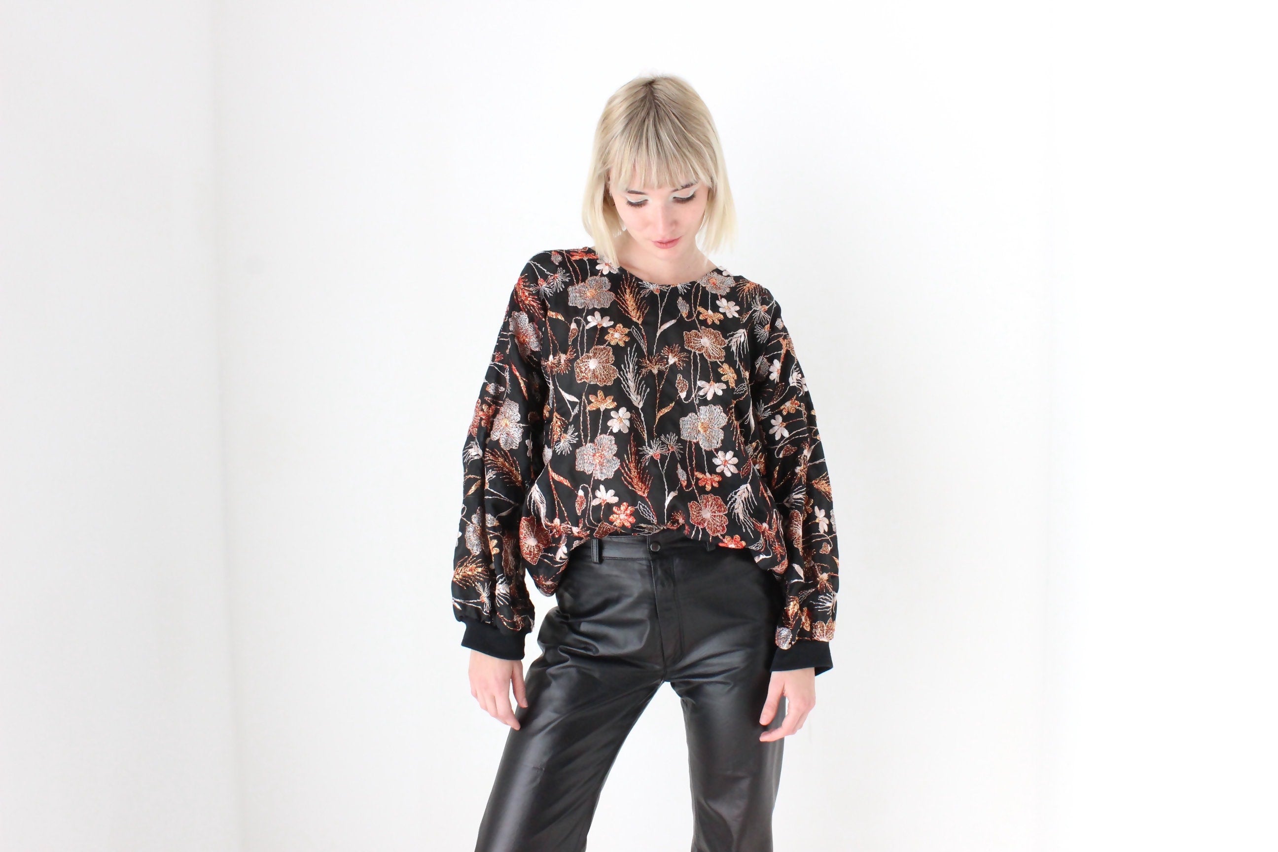 80s Embroidered Metallic Floral Organza "Sweatshirt"
