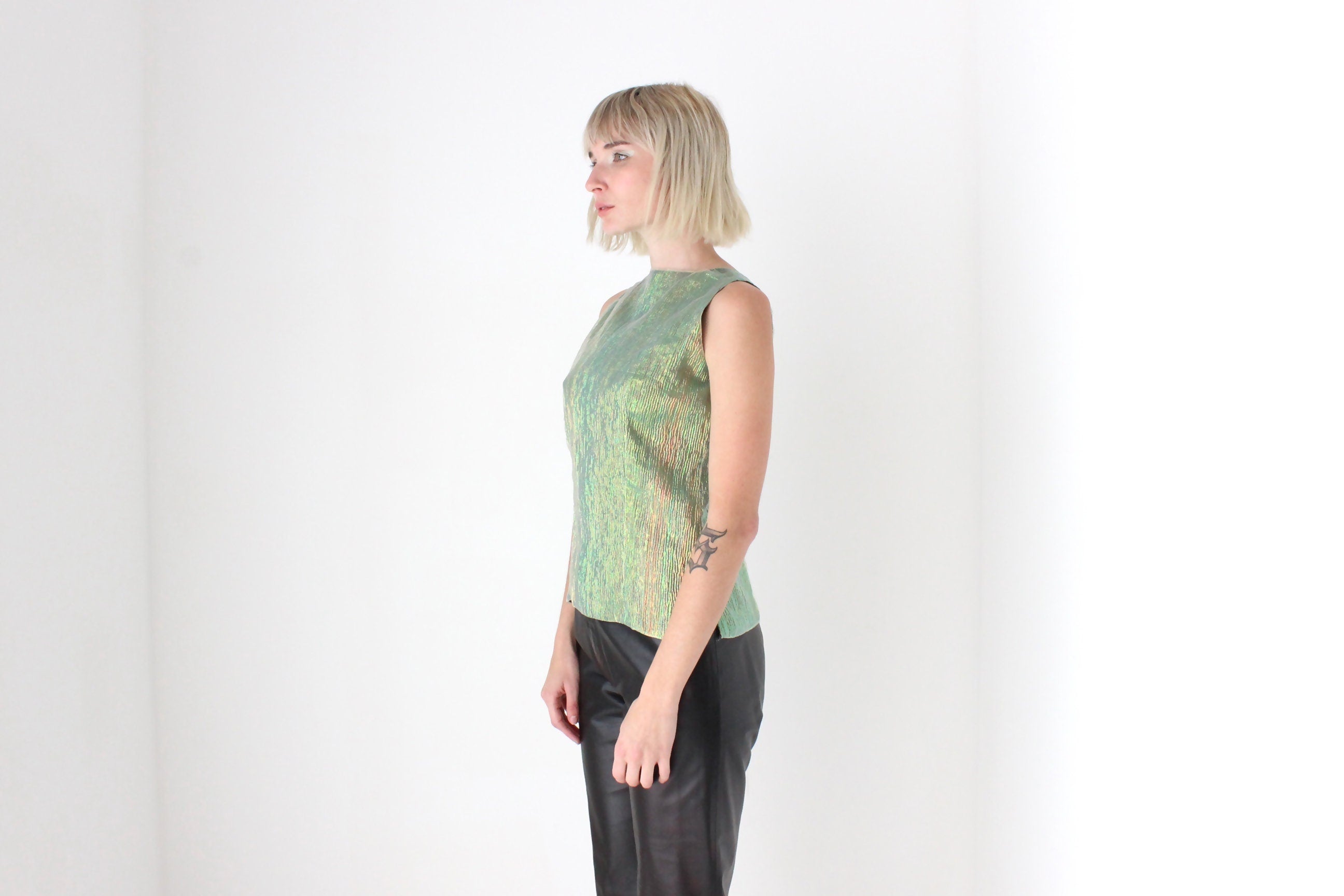 Y2K Iridescent Green Metallic Crinkle Fitted Top