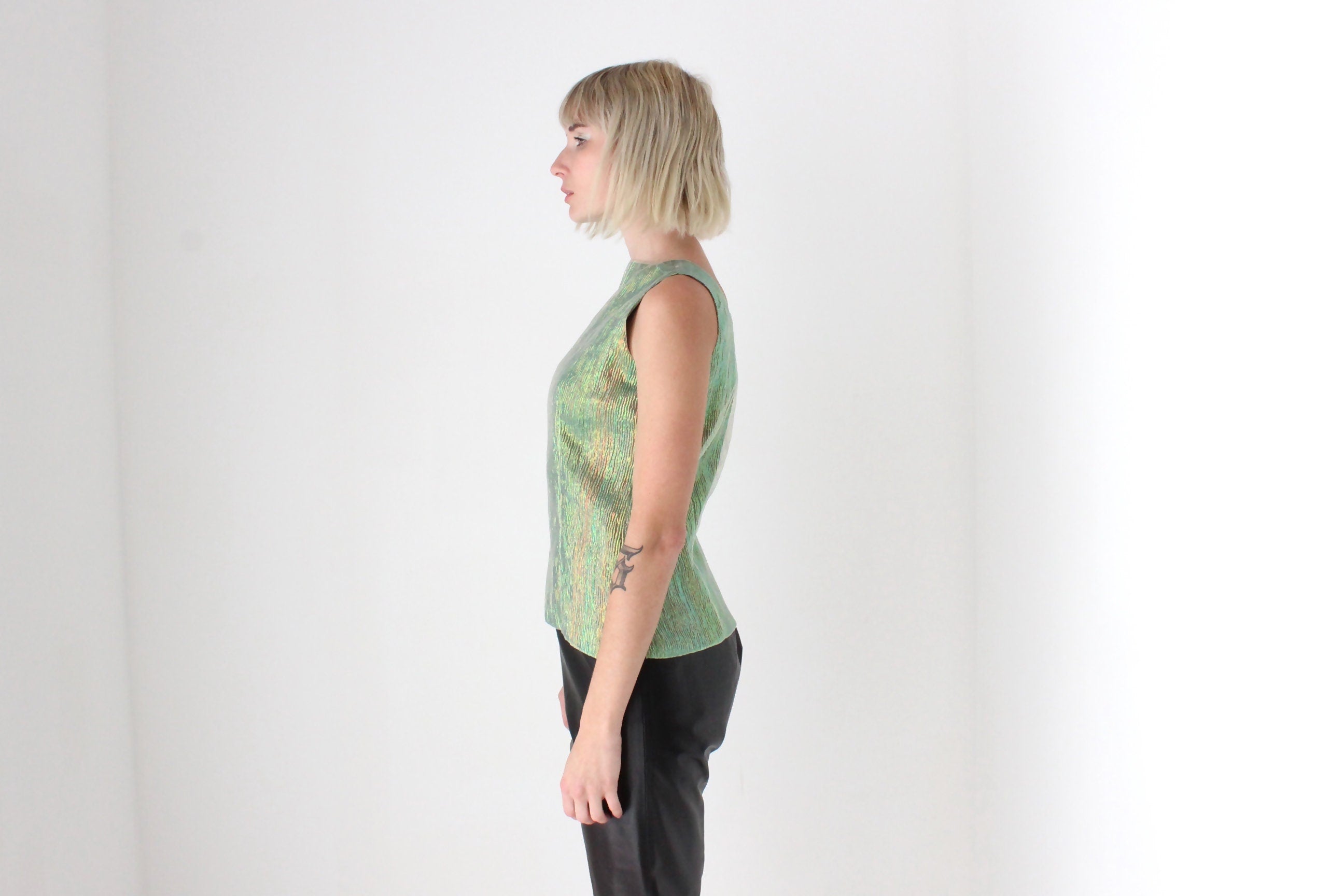 Y2K Iridescent Green Metallic Crinkle Fitted Top