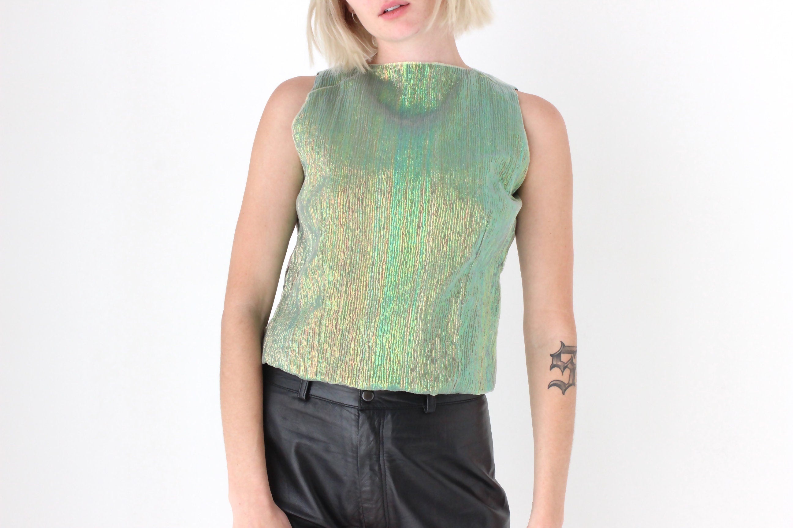 Y2K Iridescent Green Metallic Crinkle Fitted Top