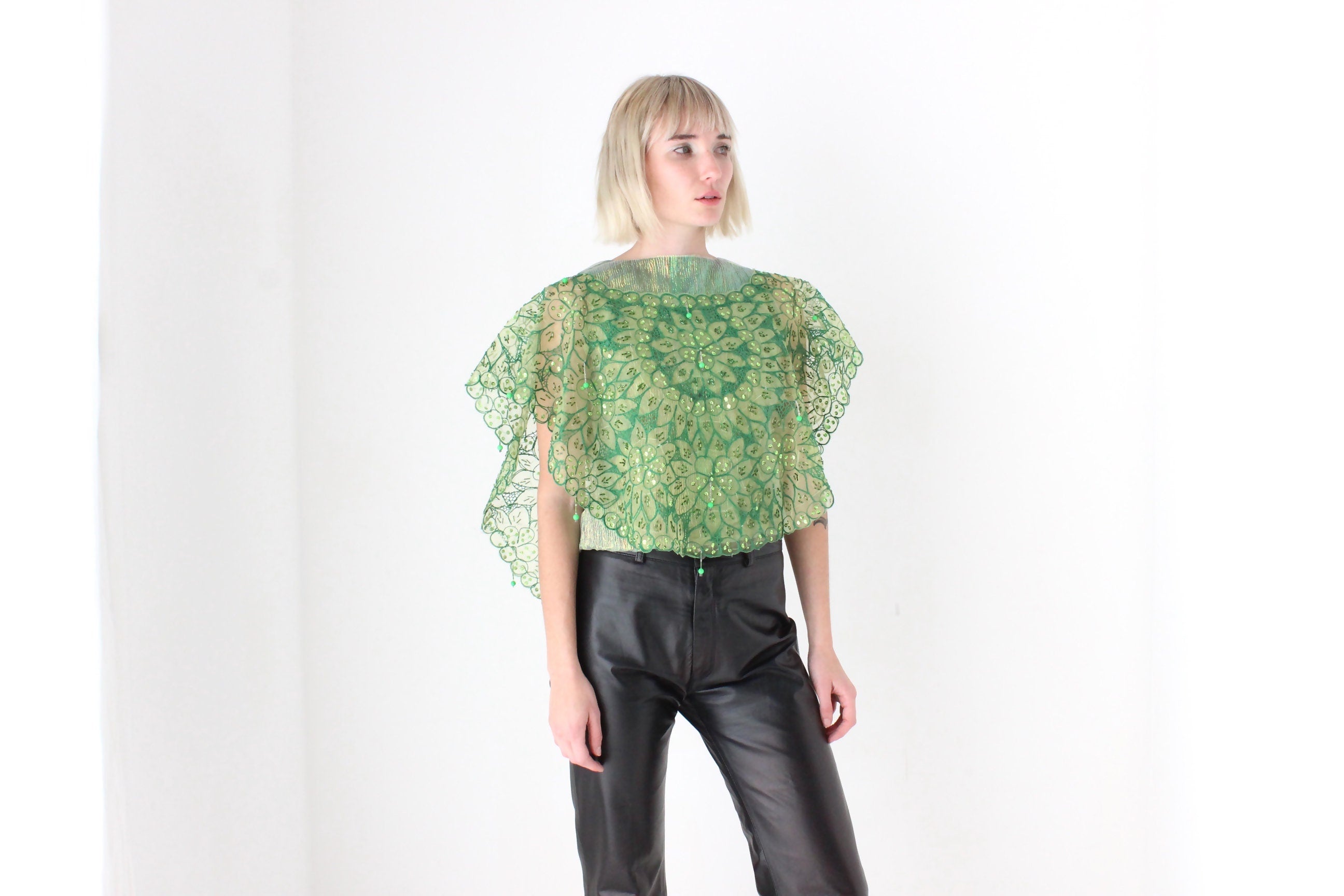 Vintage Mesh Organza Glam Disco Cape/Collar/Poncho Top