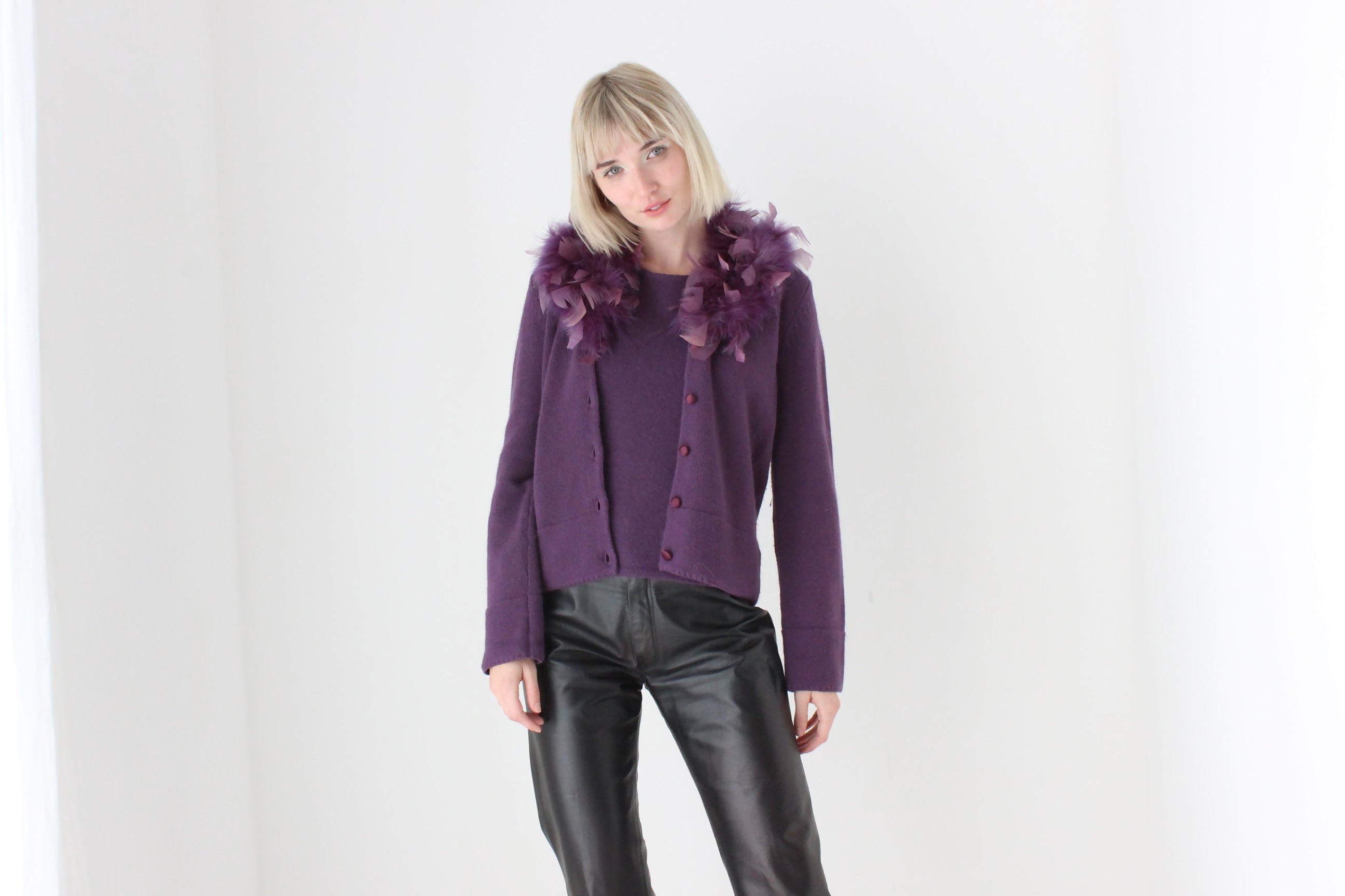 Y2K Purple Lambswool Tank & Feather Cardigan Two Piece Set