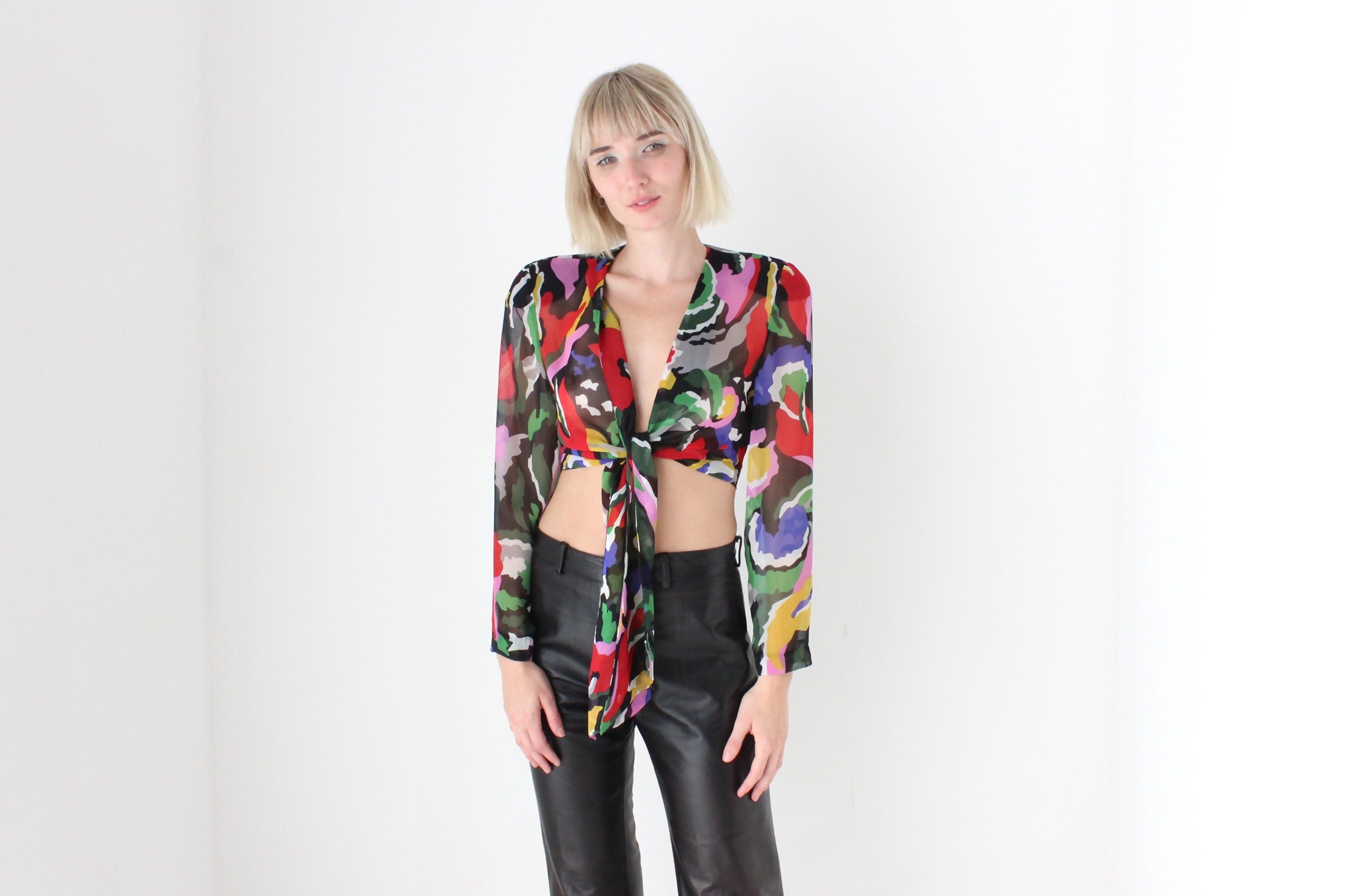80s Rainbow Plunge Neck Tie Front Blouse