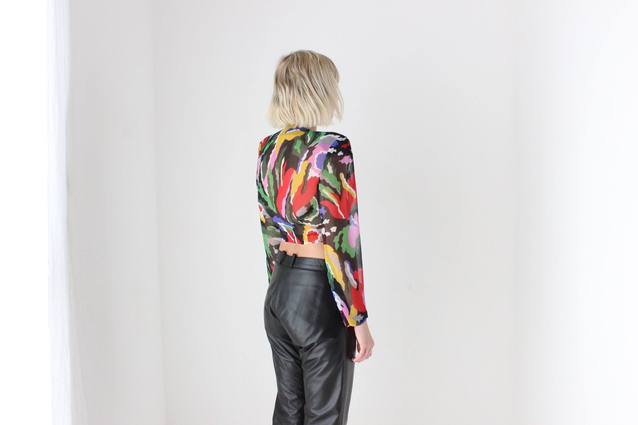 80s Rainbow Plunge Neck Tie Front Blouse