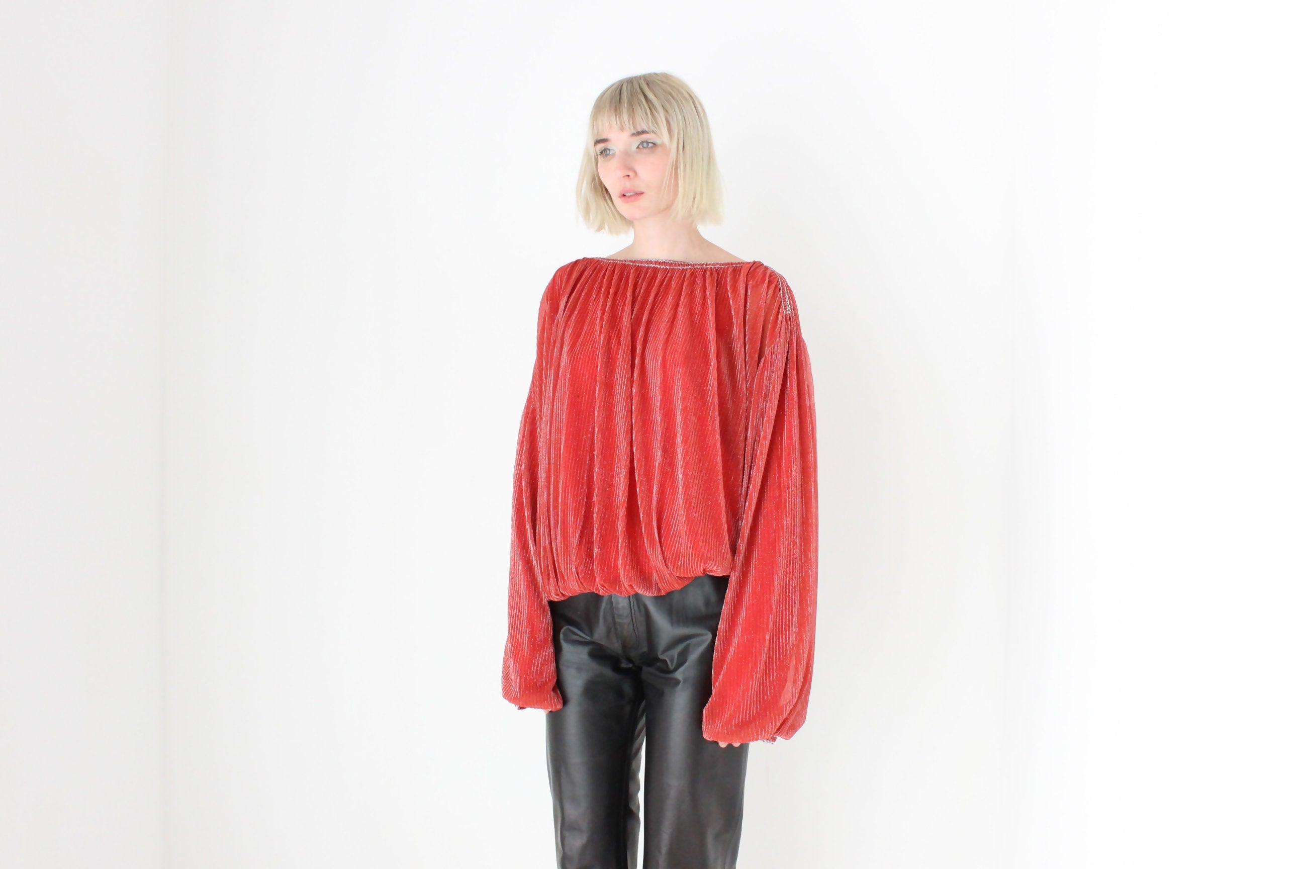 1970s Made for Disco Lurex Plisse Voluminous Top