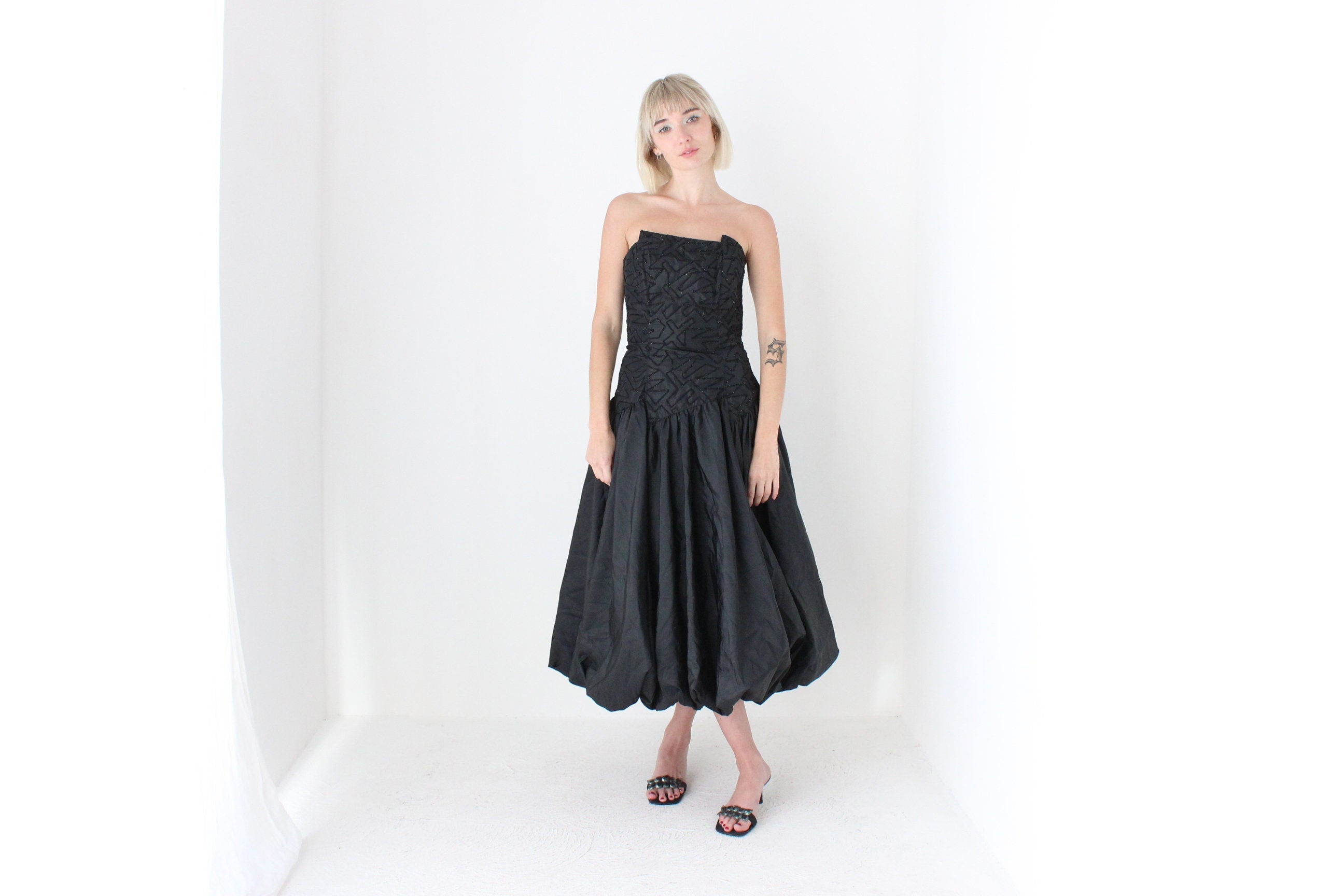 80s Textured Taffeta Bustier Bubble Dress w/ Abstract Neckline