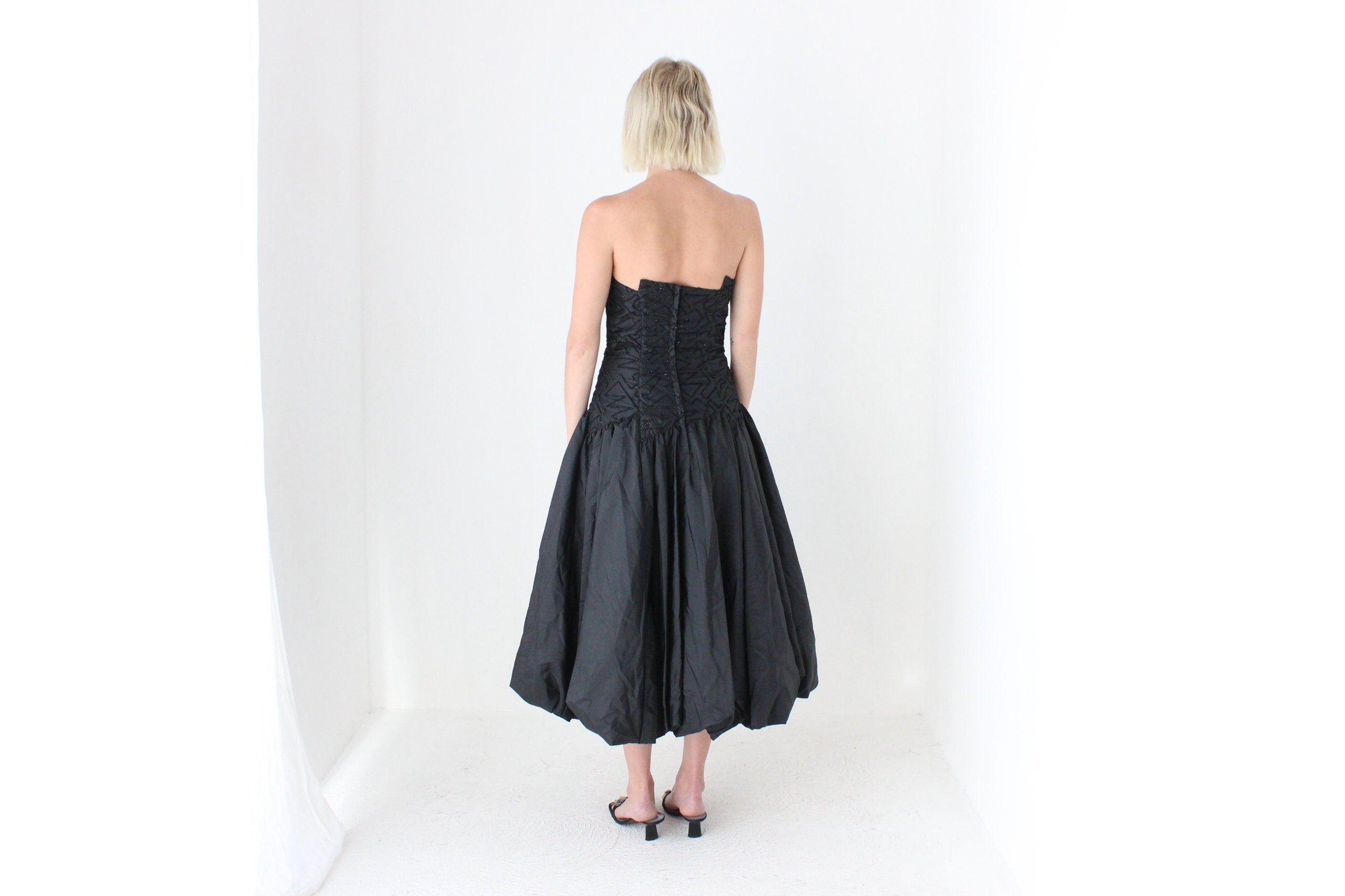 80s Textured Taffeta Bustier Bubble Dress w/ Abstract Neckline