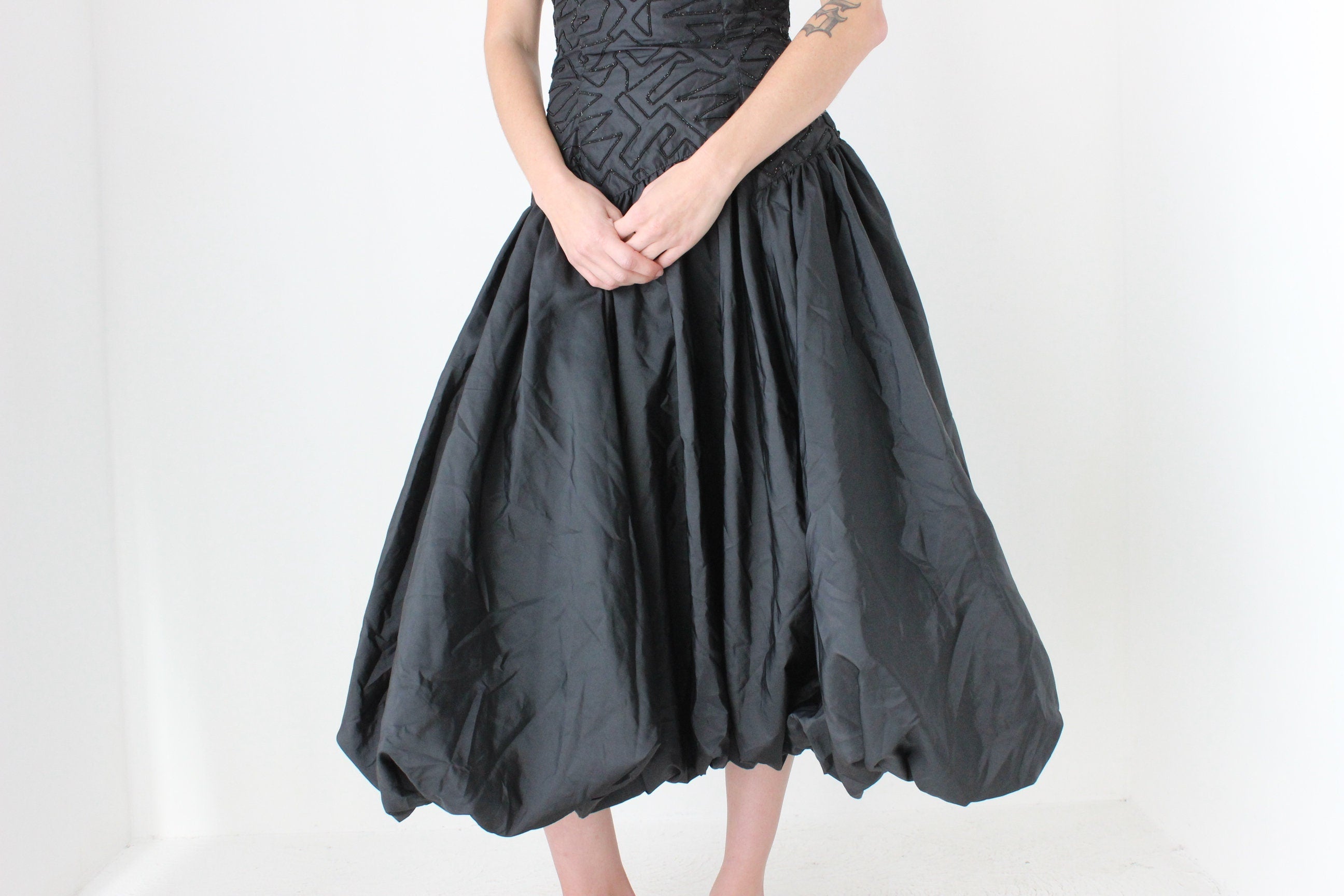 80s Textured Taffeta Bustier Bubble Dress w/ Abstract Neckline