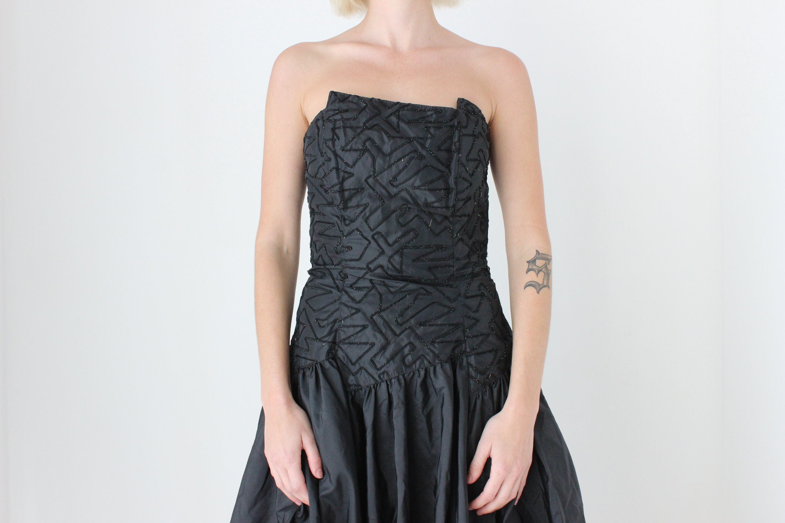 80s Textured Taffeta Bustier Bubble Dress w/ Abstract Neckline