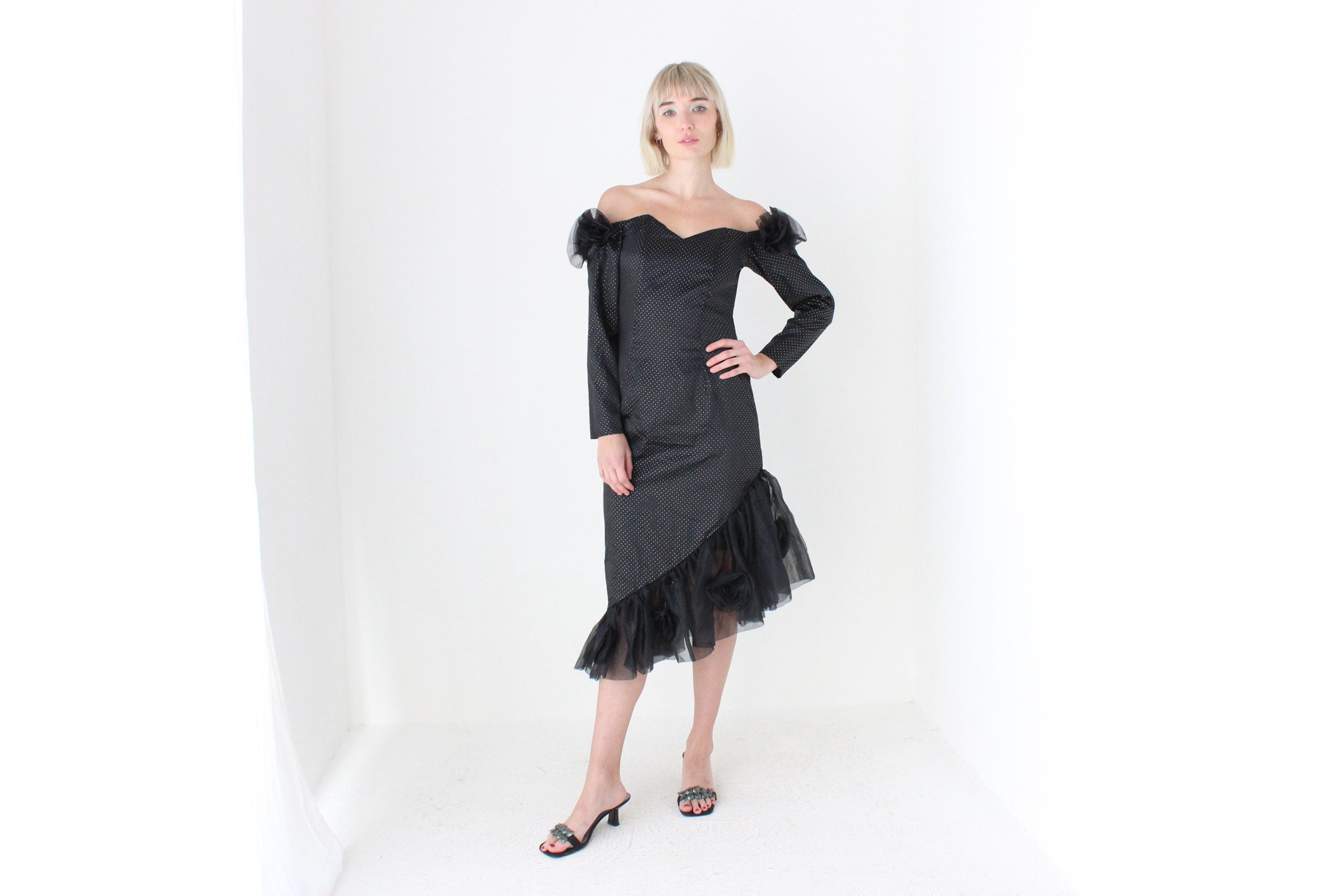 80s 'Masquerade' Organza Rosette Off Shoulder Party Dress