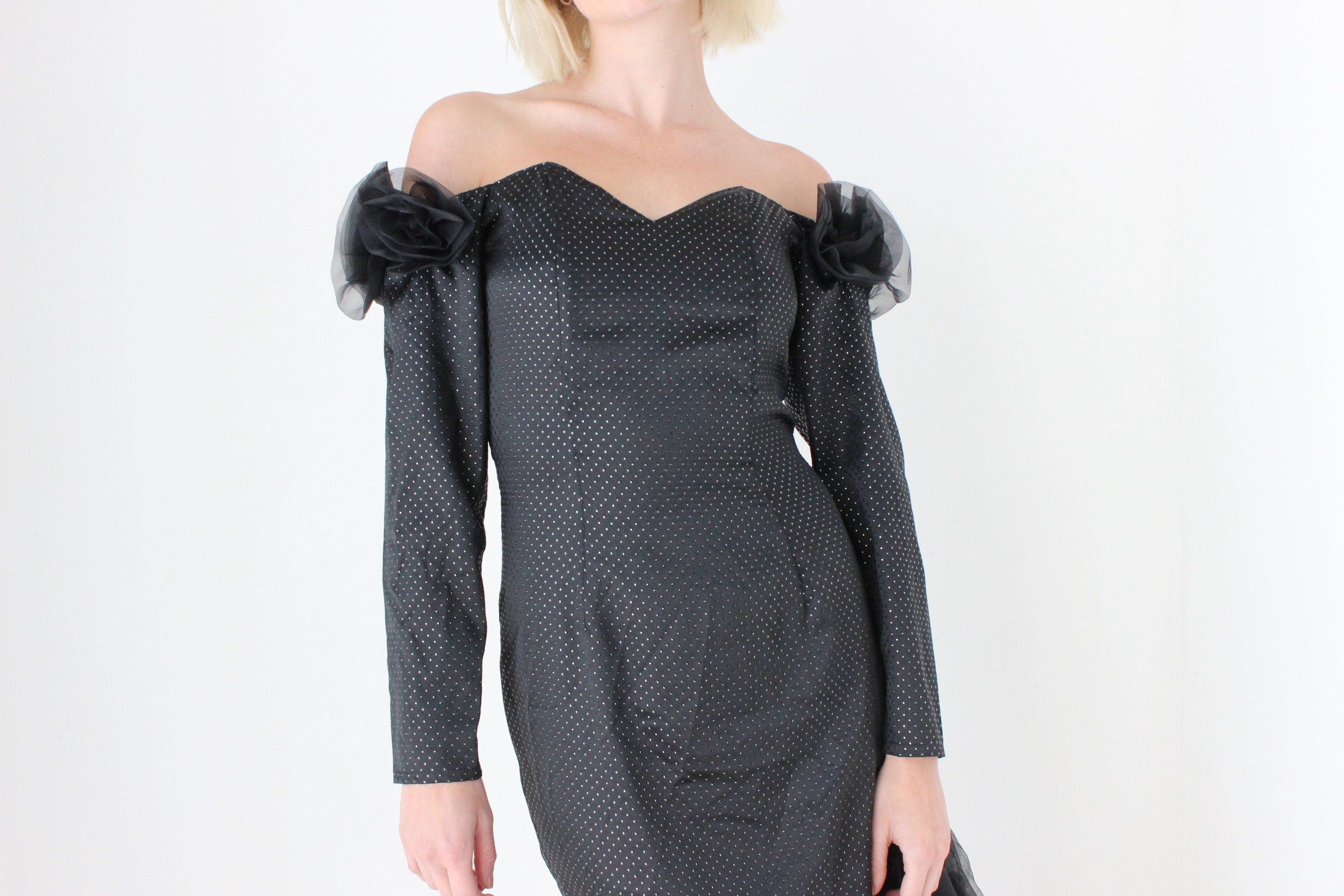 80s 'Masquerade' Organza Rosette Off Shoulder Party Dress