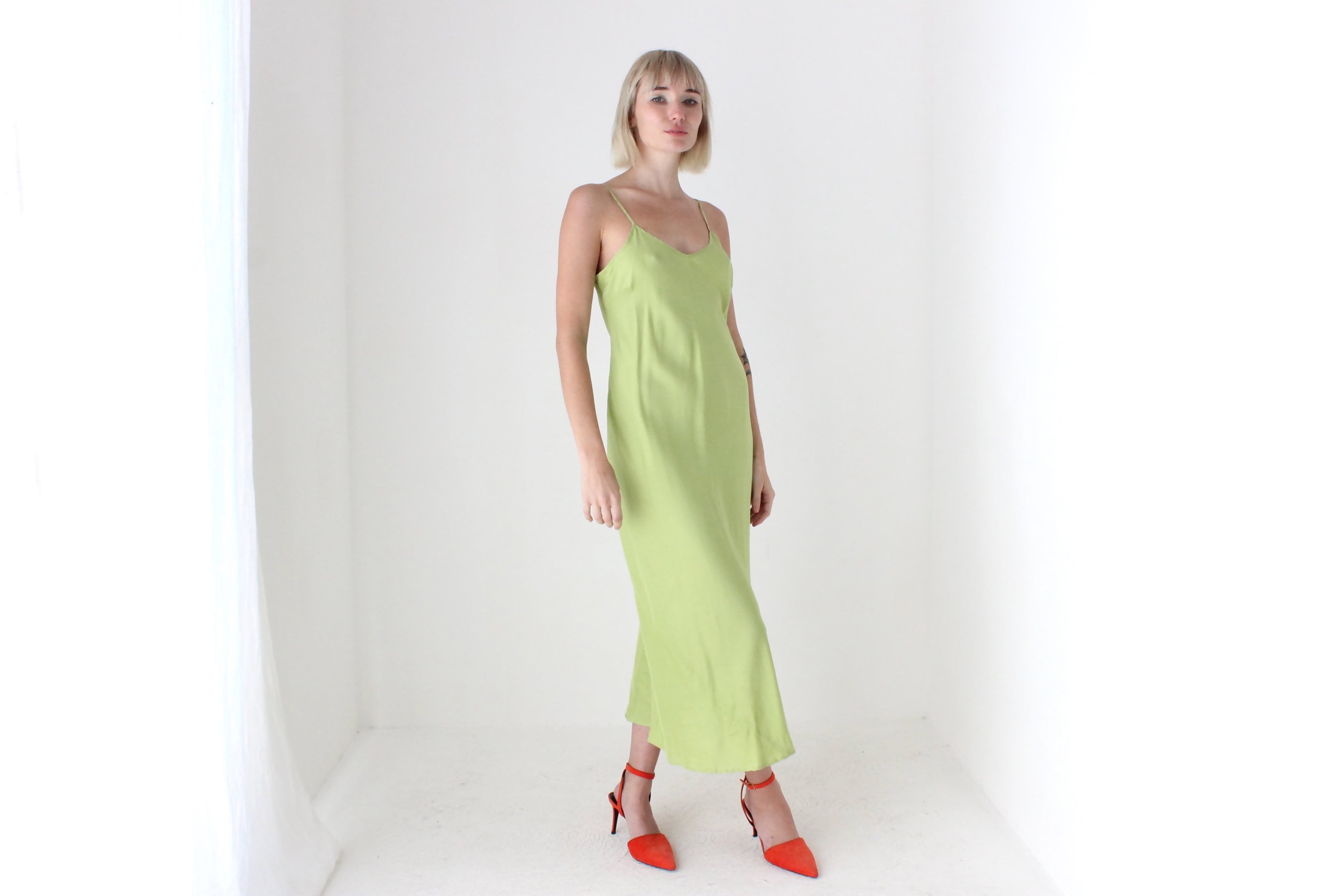 90s Pure Silk Bias Cut Slip Dress in Pistachio