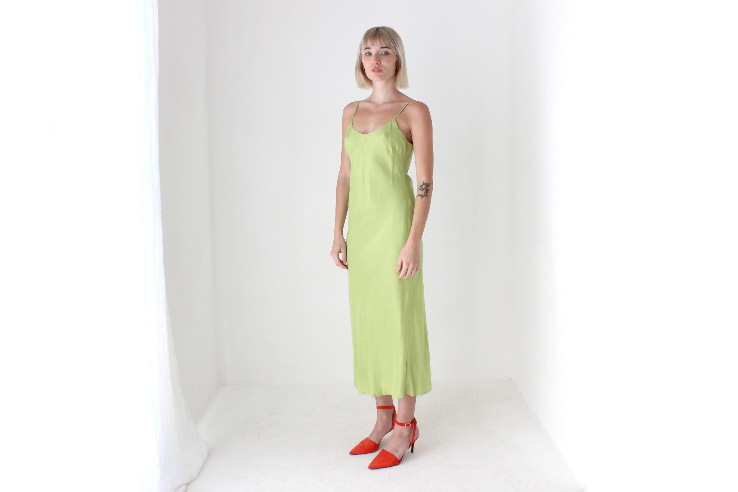 90s Pure Silk Bias Cut Slip Dress in Pistachio
