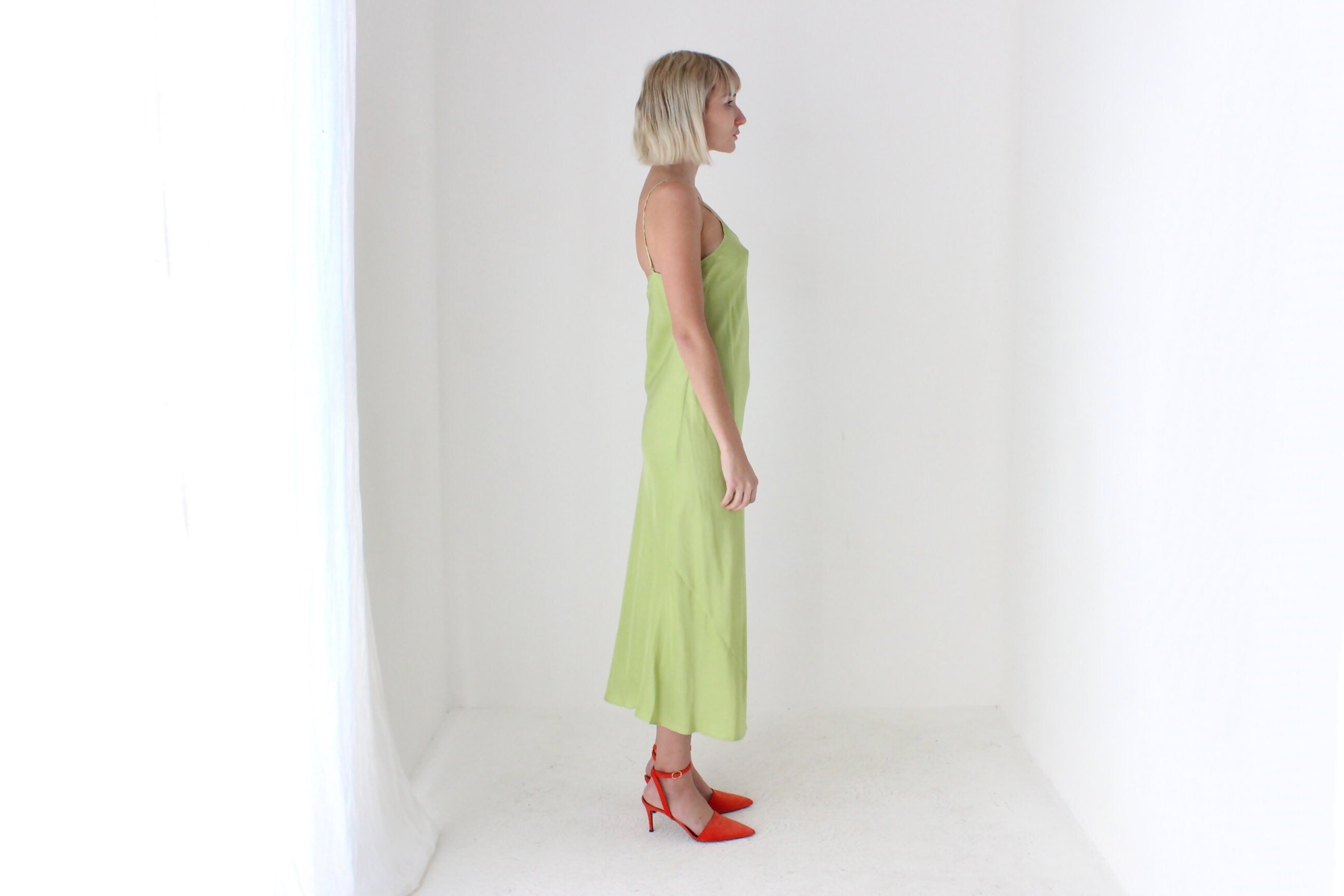 90s Pure Silk Bias Cut Slip Dress in Pistachio