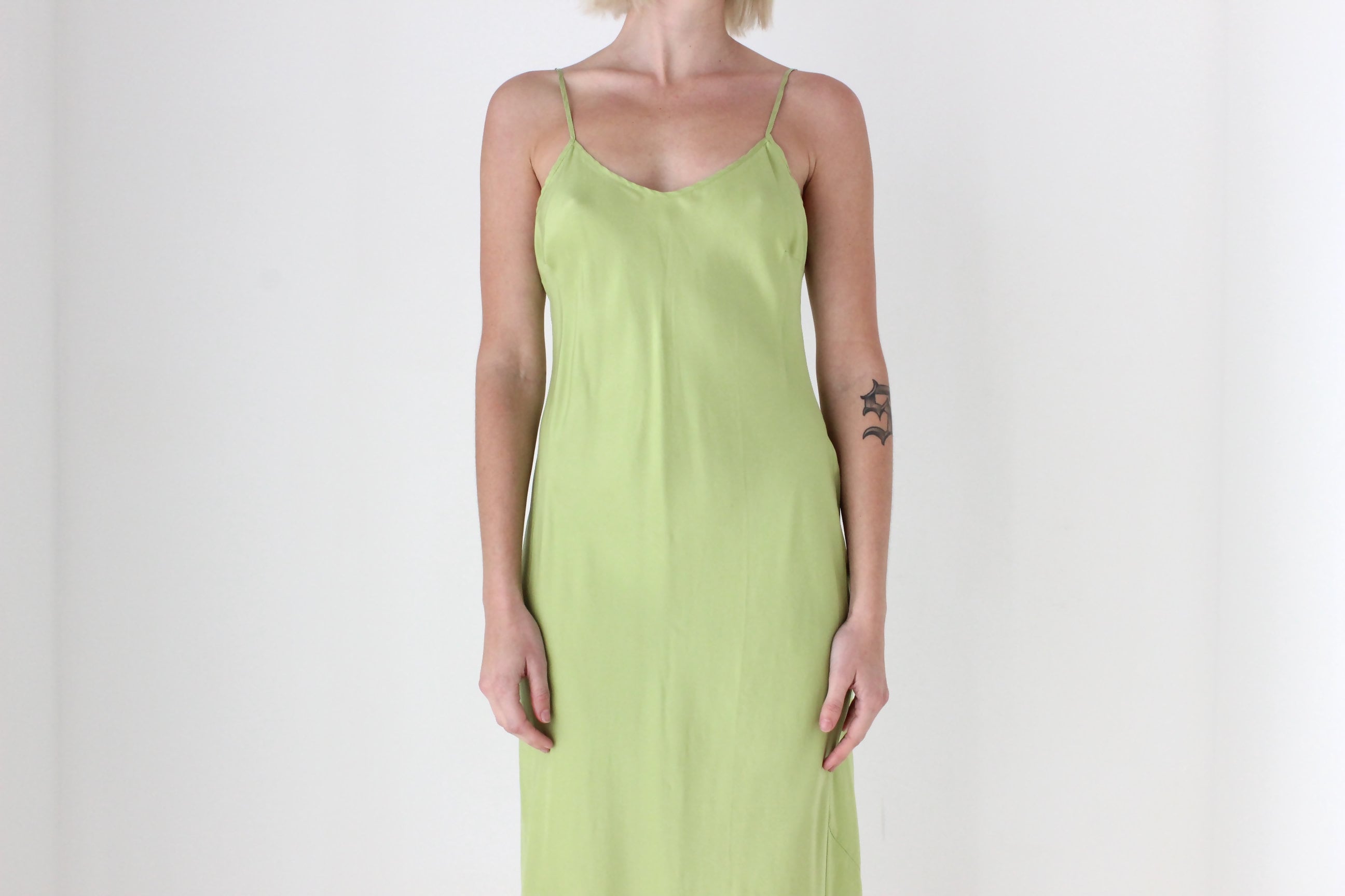 90s Pure Silk Bias Cut Slip Dress in Pistachio