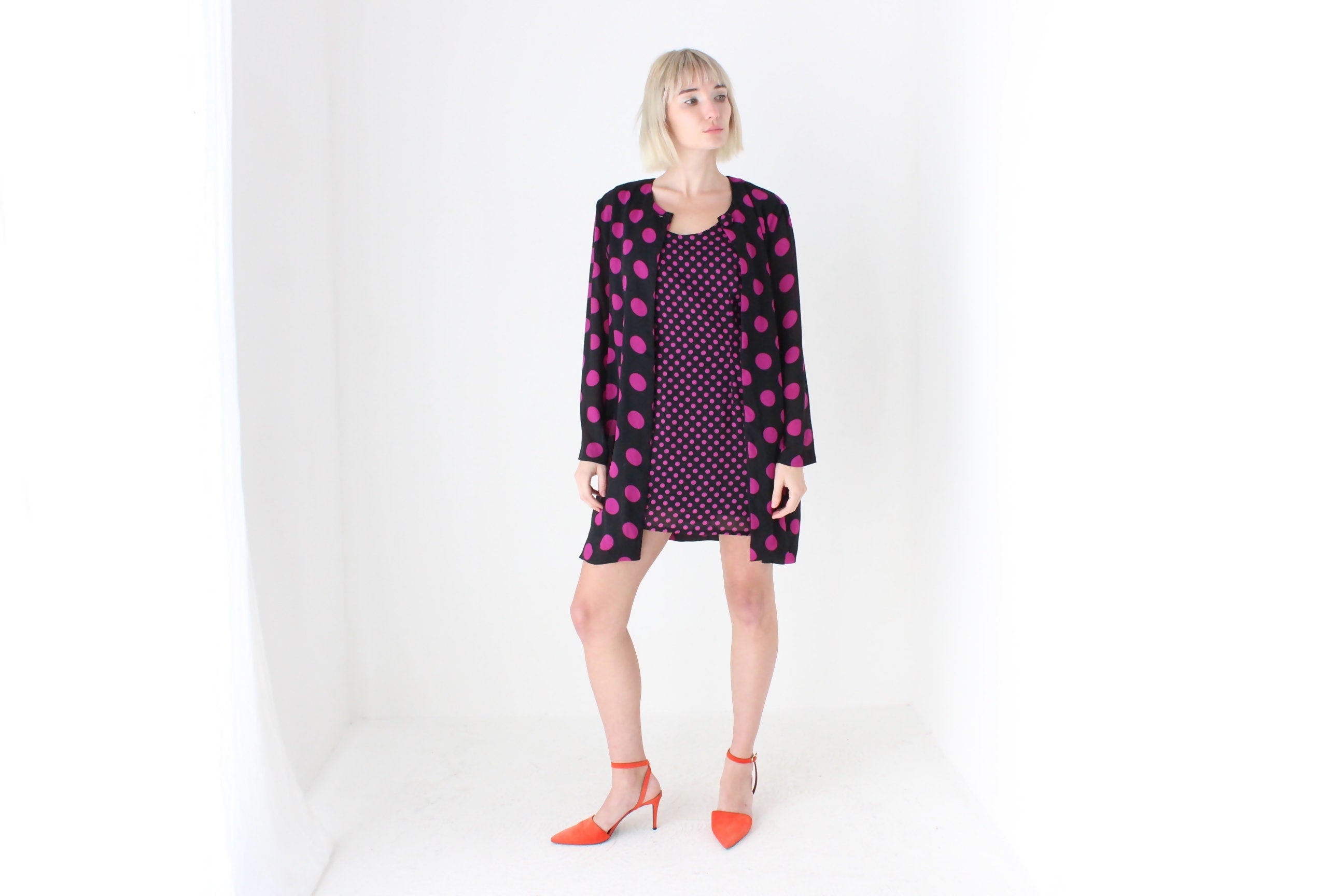 80s Purple Polka Dot Jacket & Dress Matching Set