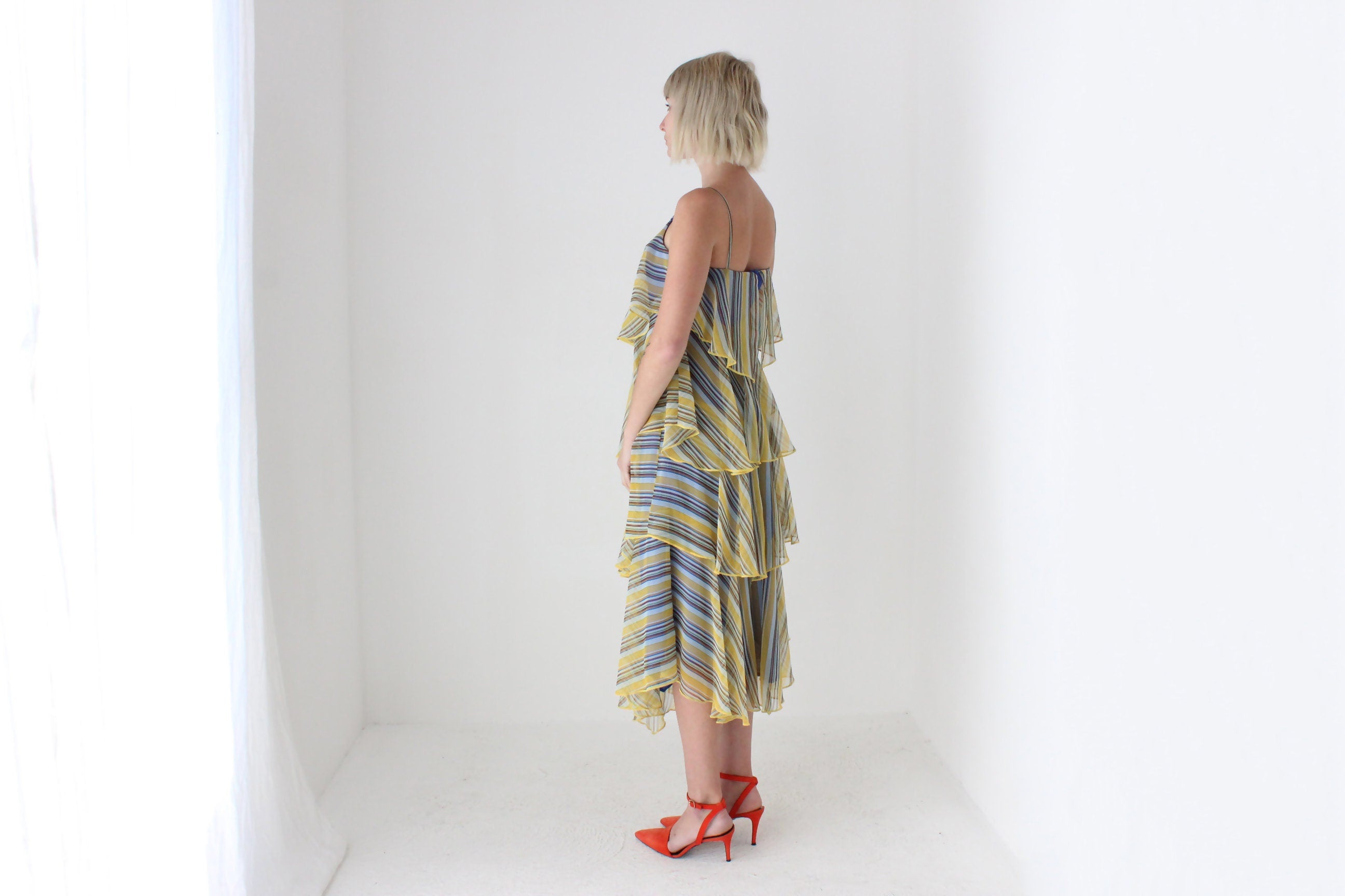 70s Layered Poly Chiffon Ruffle Dress