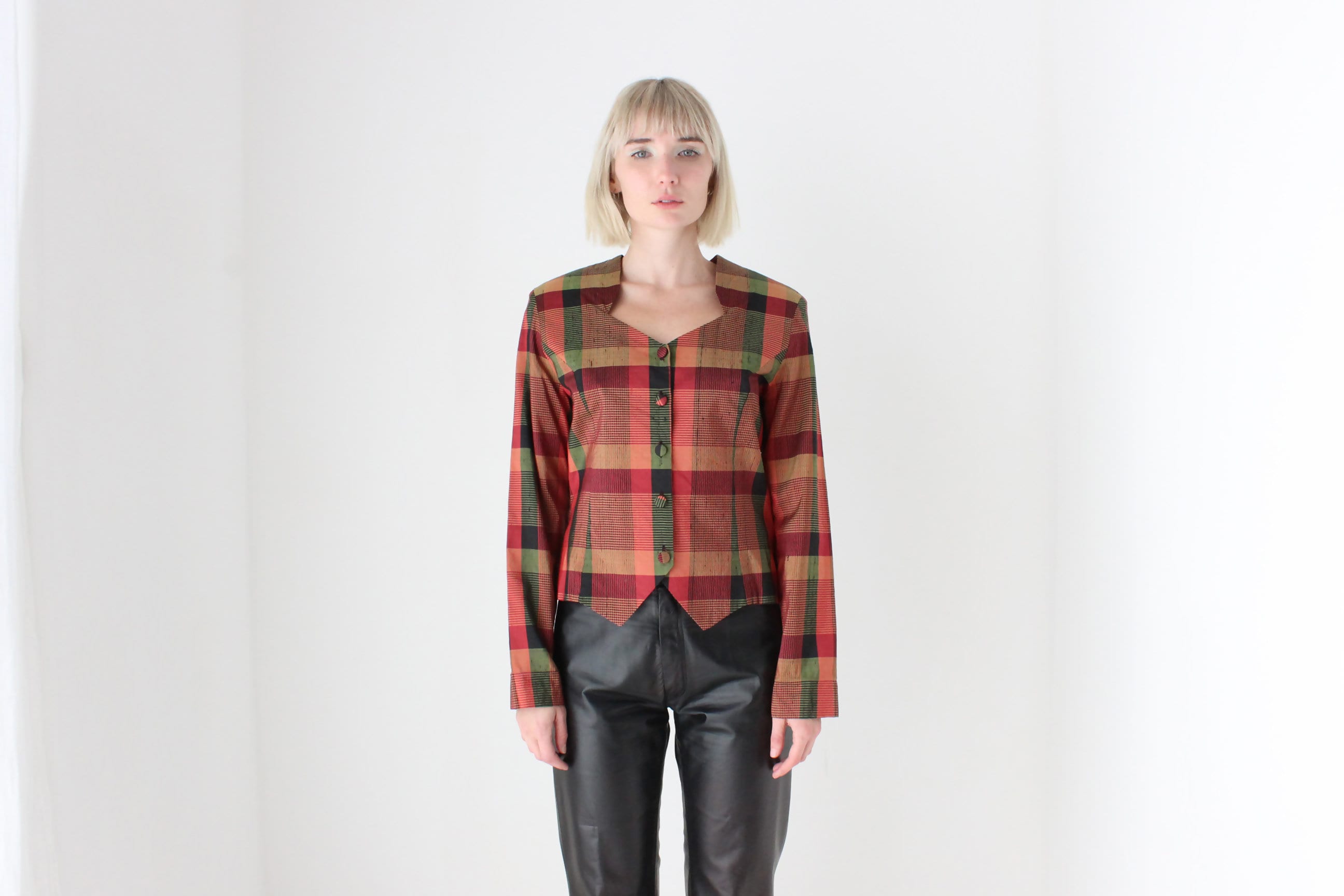 80s Tartan Raw Silk Westwood-Esque Button Up Bustier Top
