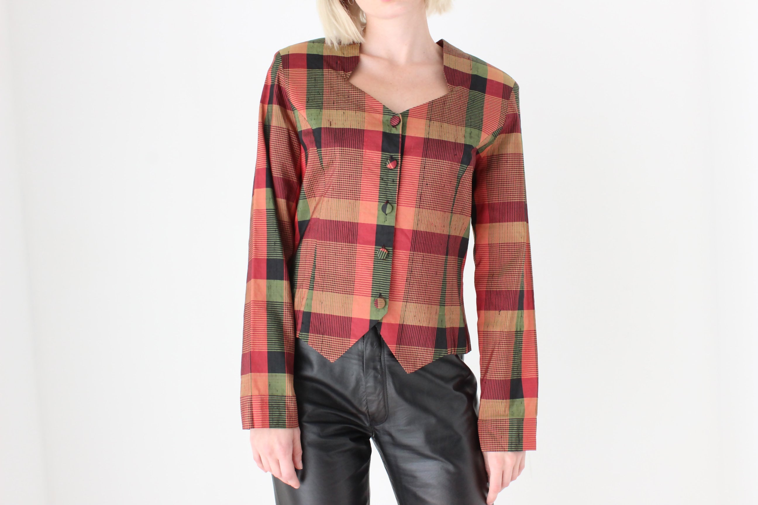 80s Tartan Raw Silk Westwood-Esque Button Up Bustier Top
