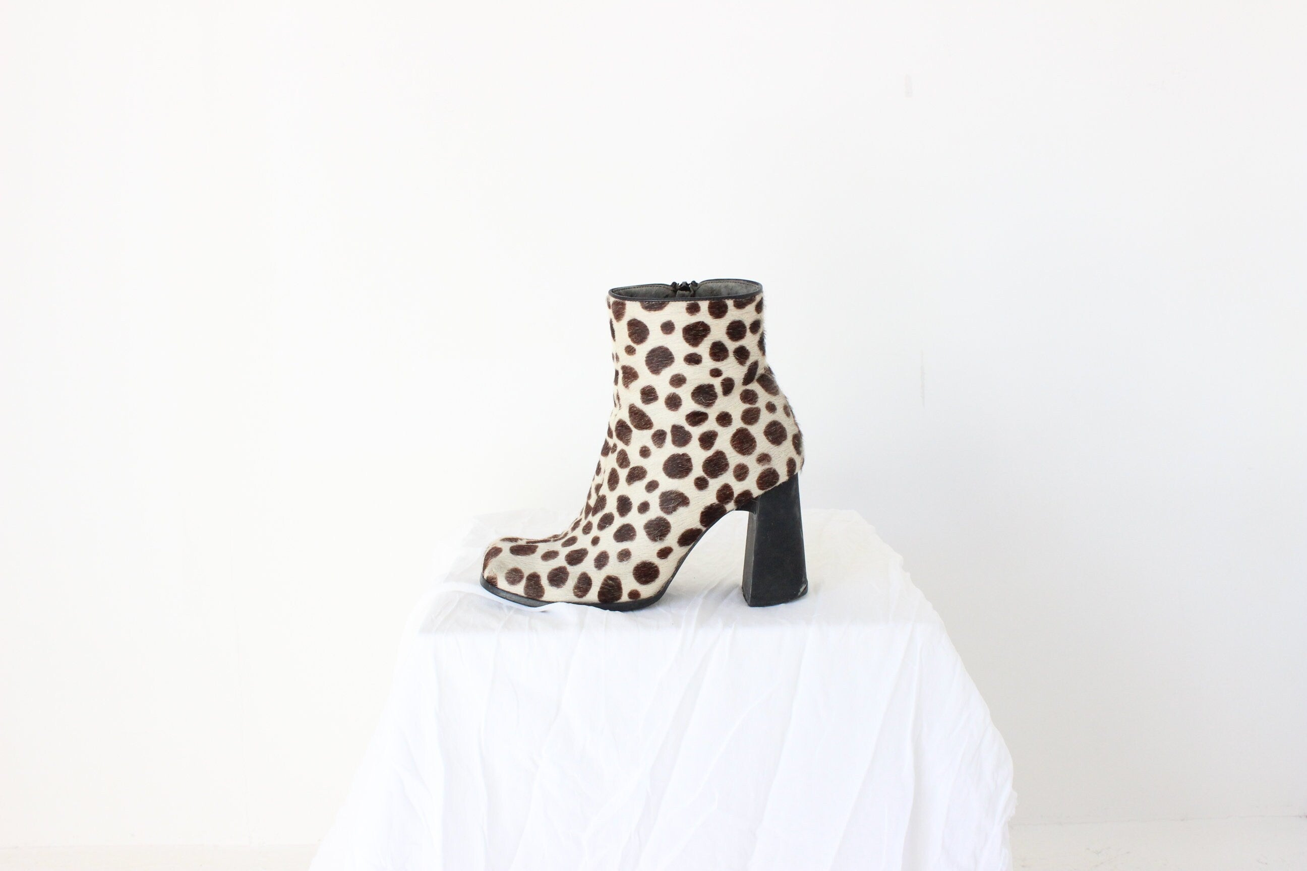 90s Pony Fur / Calfskin Polka Dot Animal Spot Boots - Euro 39