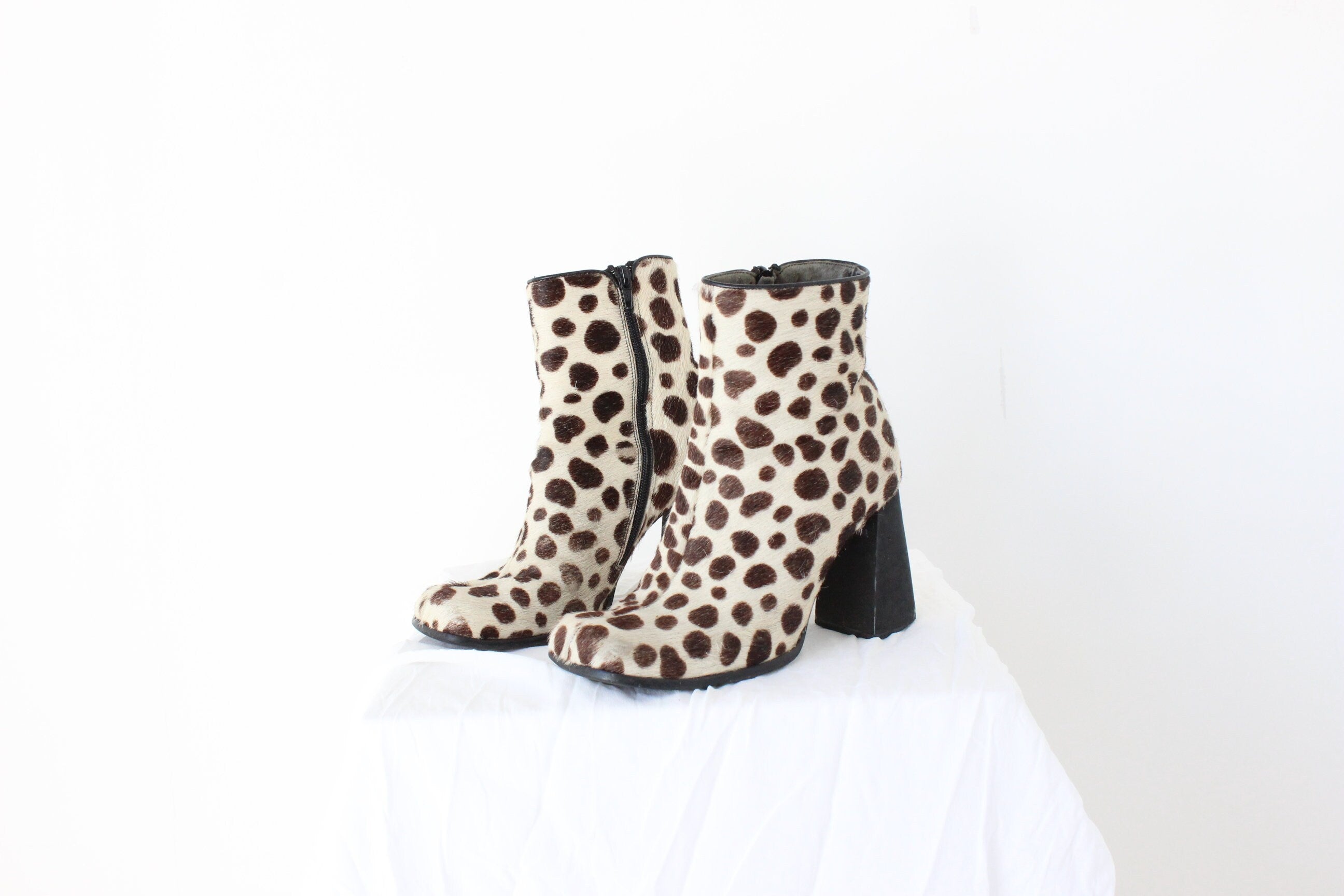 90s Pony Fur / Calfskin Polka Dot Animal Spot Boots - Euro 39