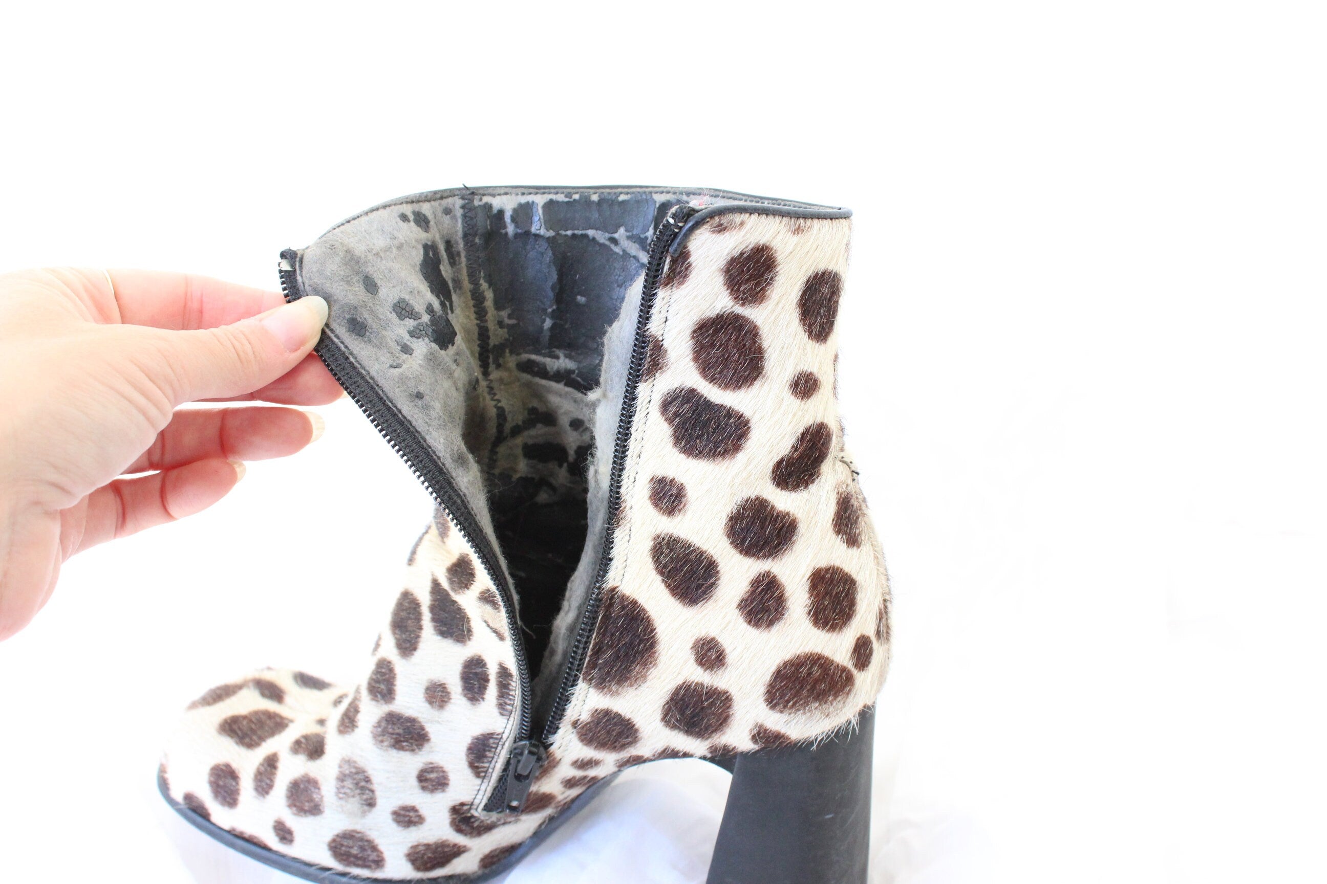 90s Pony Fur / Calfskin Polka Dot Animal Spot Boots - Euro 39