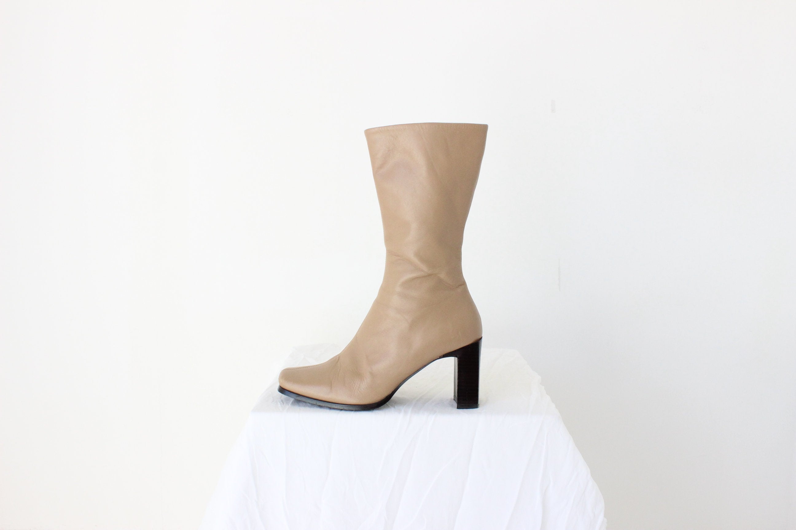 90s Camel Leather Square Toe / Chunky Heel Calf Boots - Euro 38.5