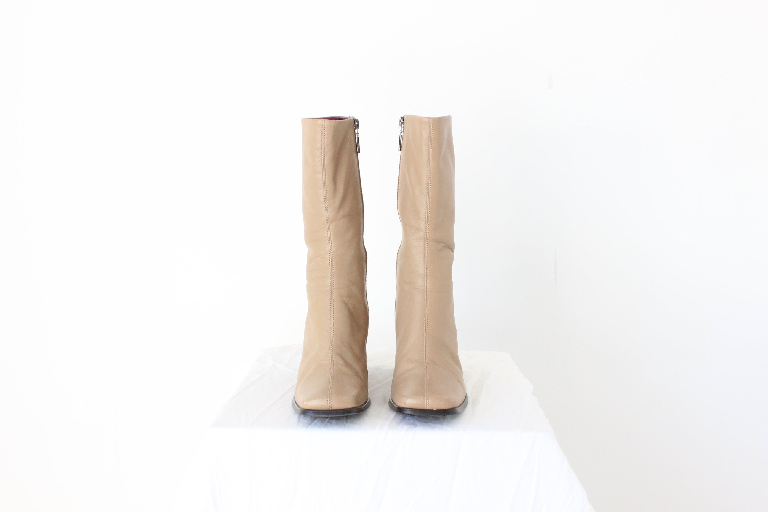90s Camel Leather Square Toe / Chunky Heel Calf Boots - Euro 38.5