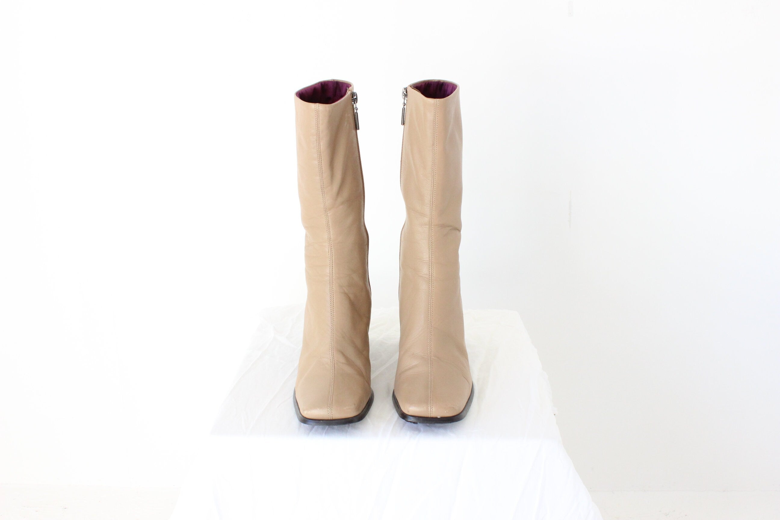 90s Camel Leather Square Toe / Chunky Heel Calf Boots - Euro 38.5