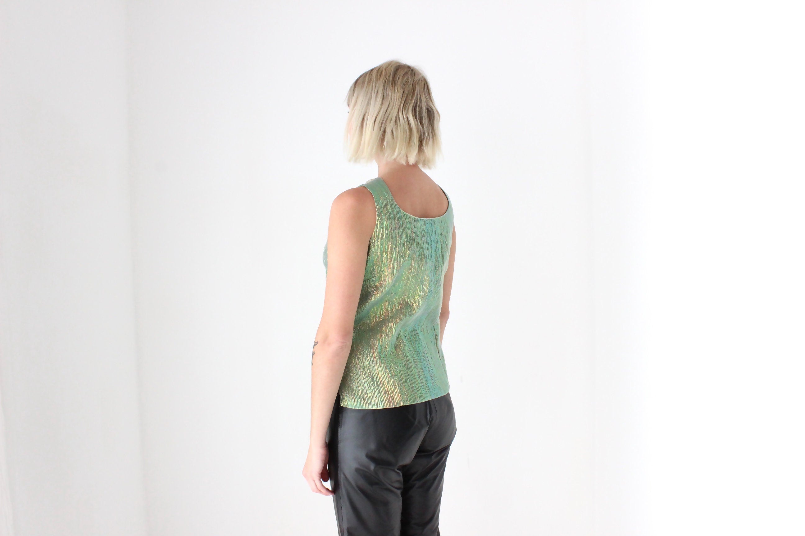 Y2K Iridescent Green Metallic Crinkle Fitted Top