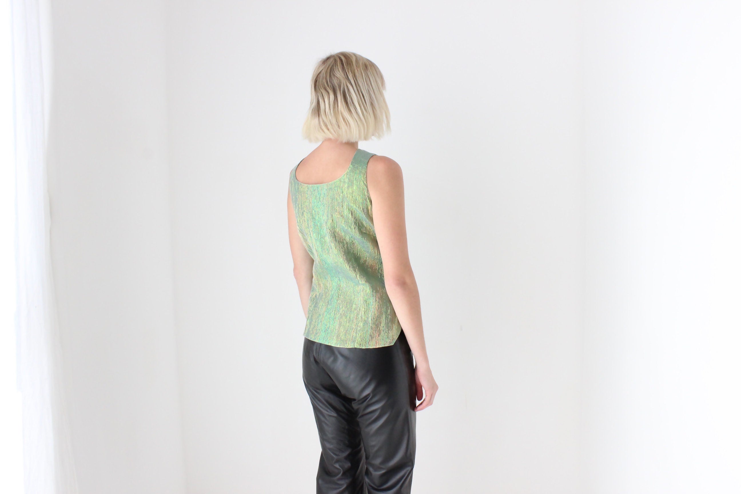 Y2K Iridescent Green Metallic Crinkle Fitted Top