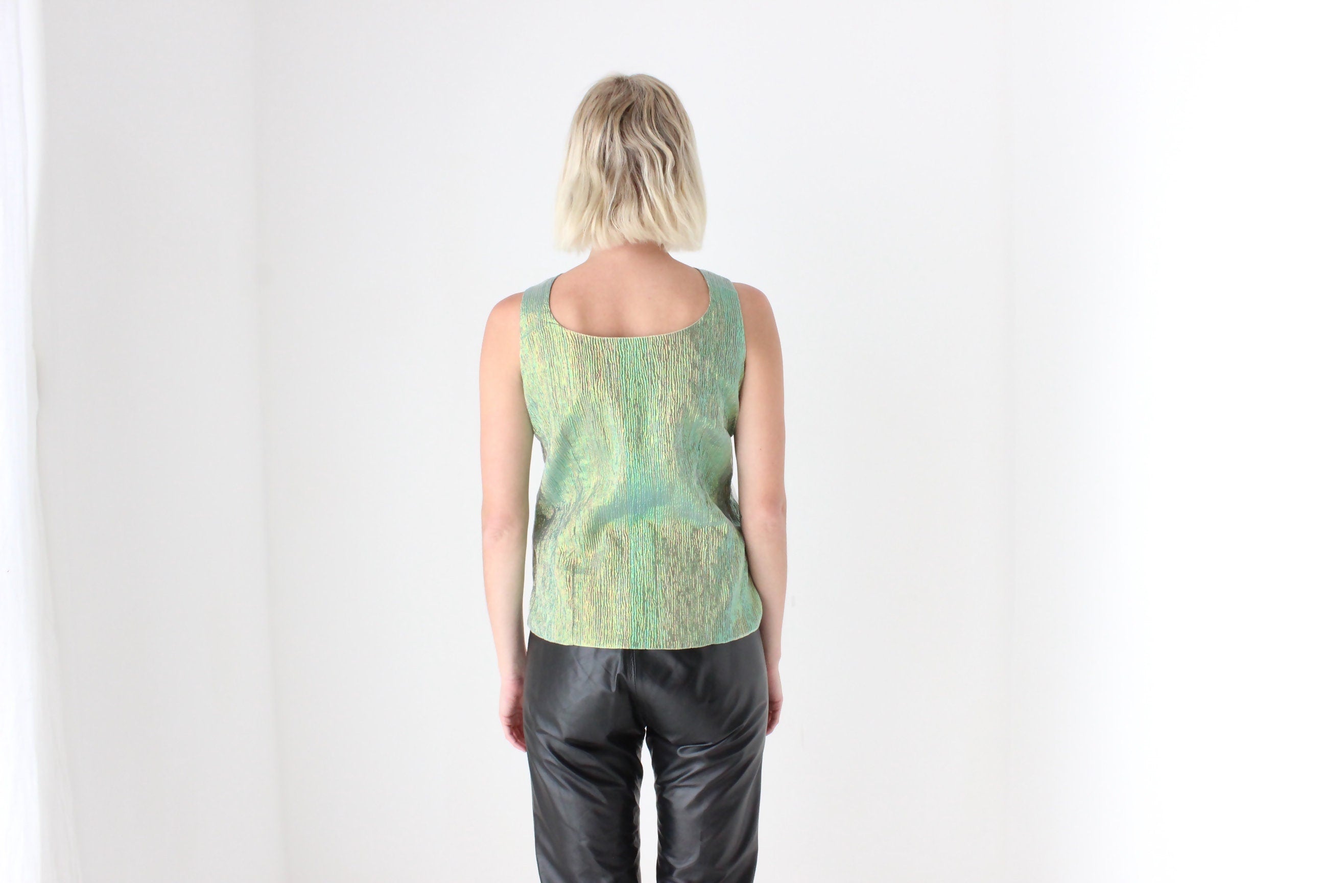 Y2K Iridescent Green Metallic Crinkle Fitted Top