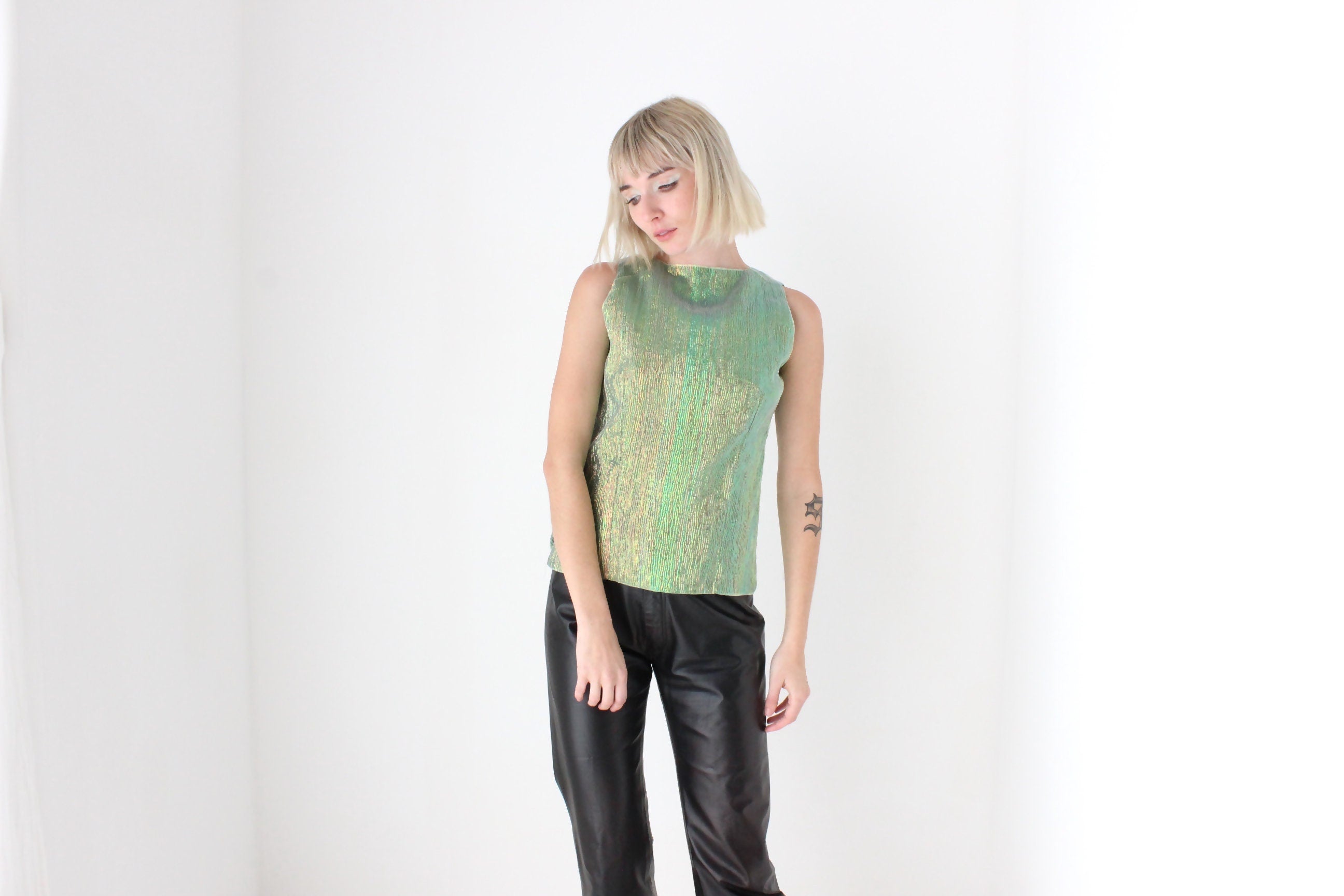 Y2K Iridescent Green Metallic Crinkle Fitted Top