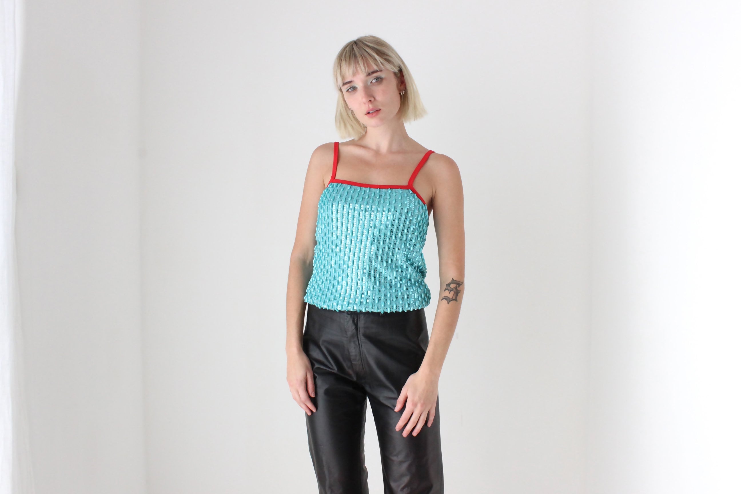 Y2K Aqua Beaded Designer Party Tank Top by Stefanel