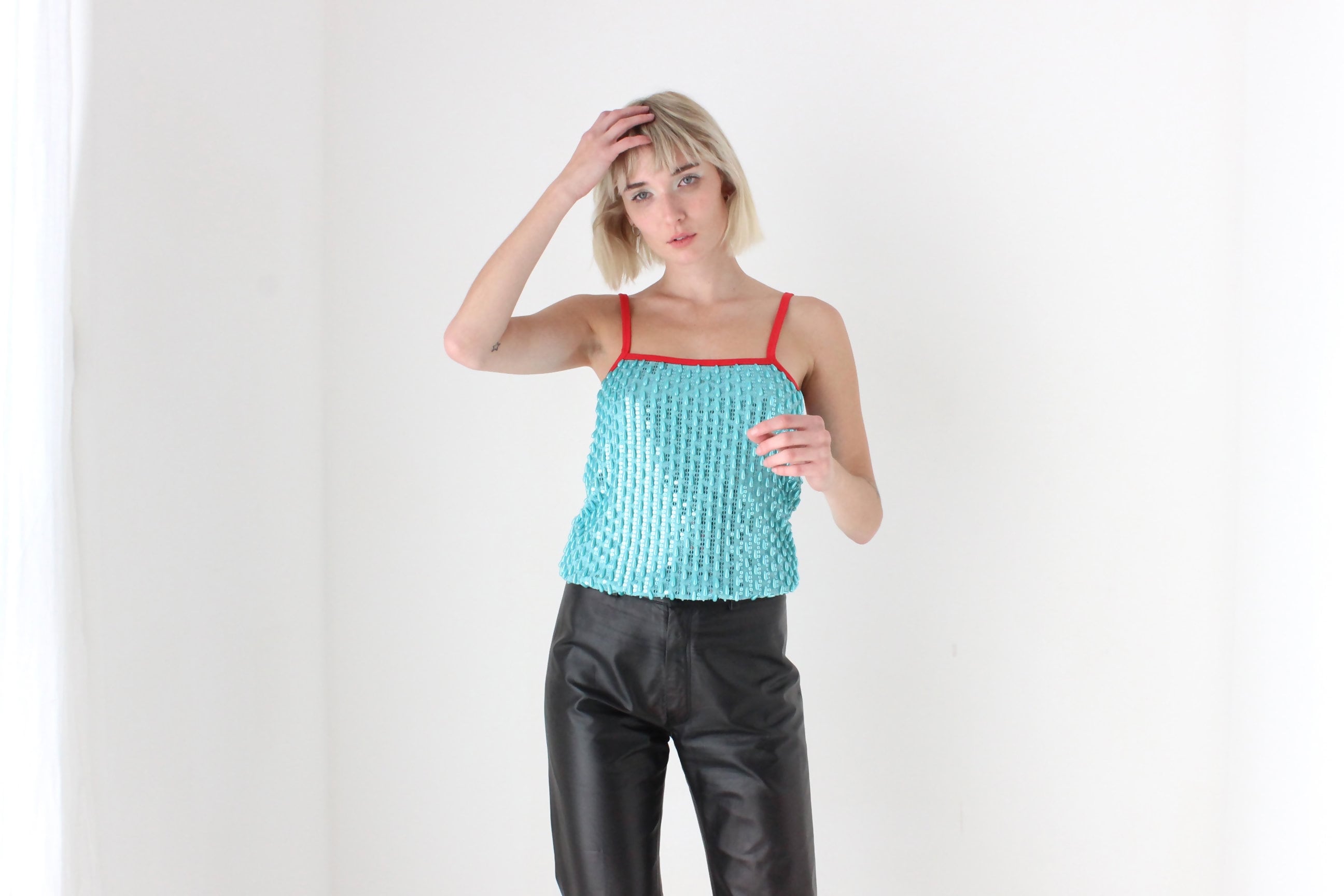 Y2K Aqua Beaded Designer Party Tank Top by Stefanel